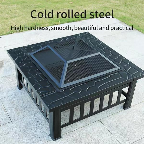 Fire Pit 32'' Wood Burning Firepit Metal Square Outdoor Fire Tables SteelFire Pit Bowl with Spark Screen Cover, Poker Log Grate for Patio Bonfire Camping Backyard Garden Picnic