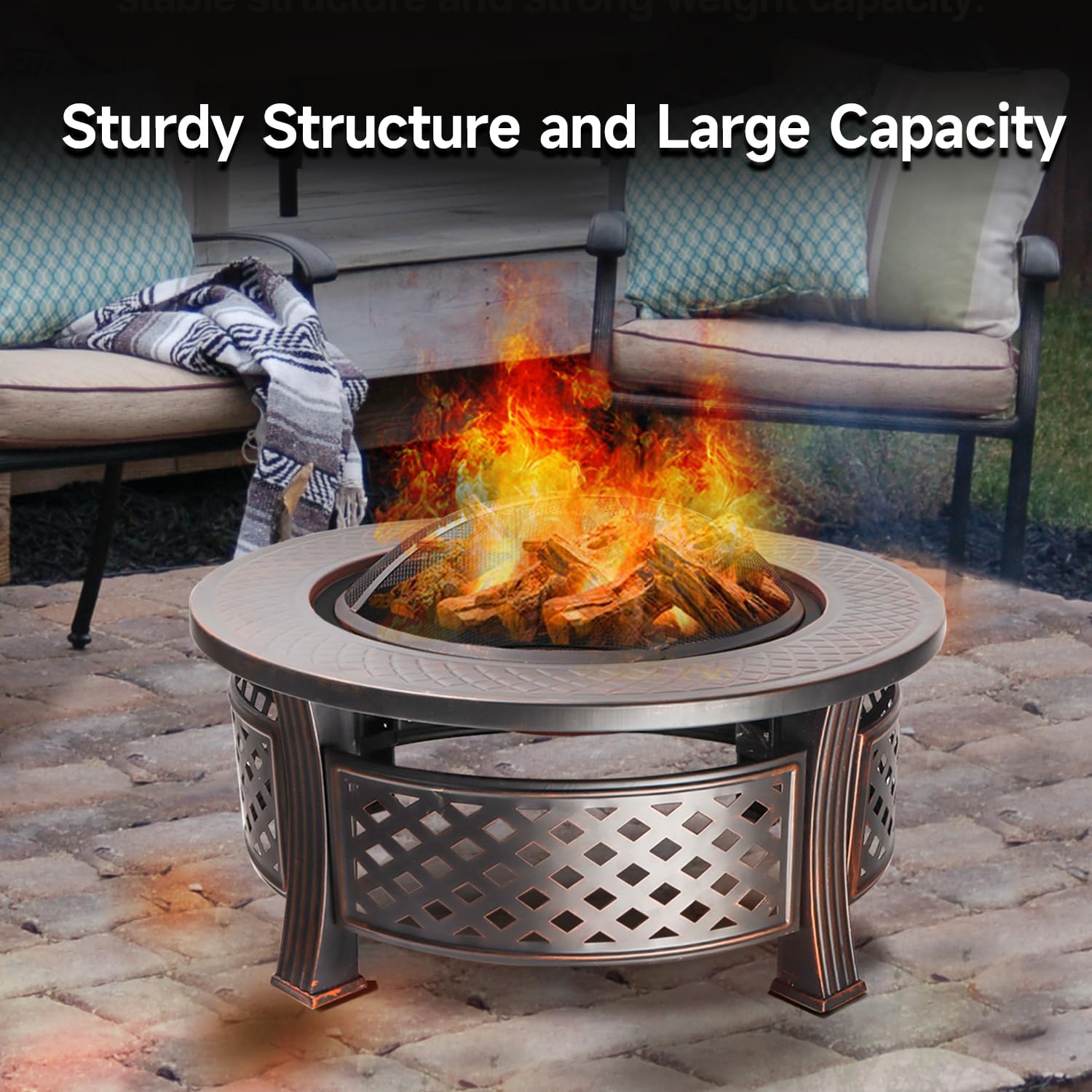 32-Inch Round Fire Pit Table, Metal Wood Burning Fireplace/Firepit with Fire Grate, Spark Screen Lid, Steel Bowl, Poker