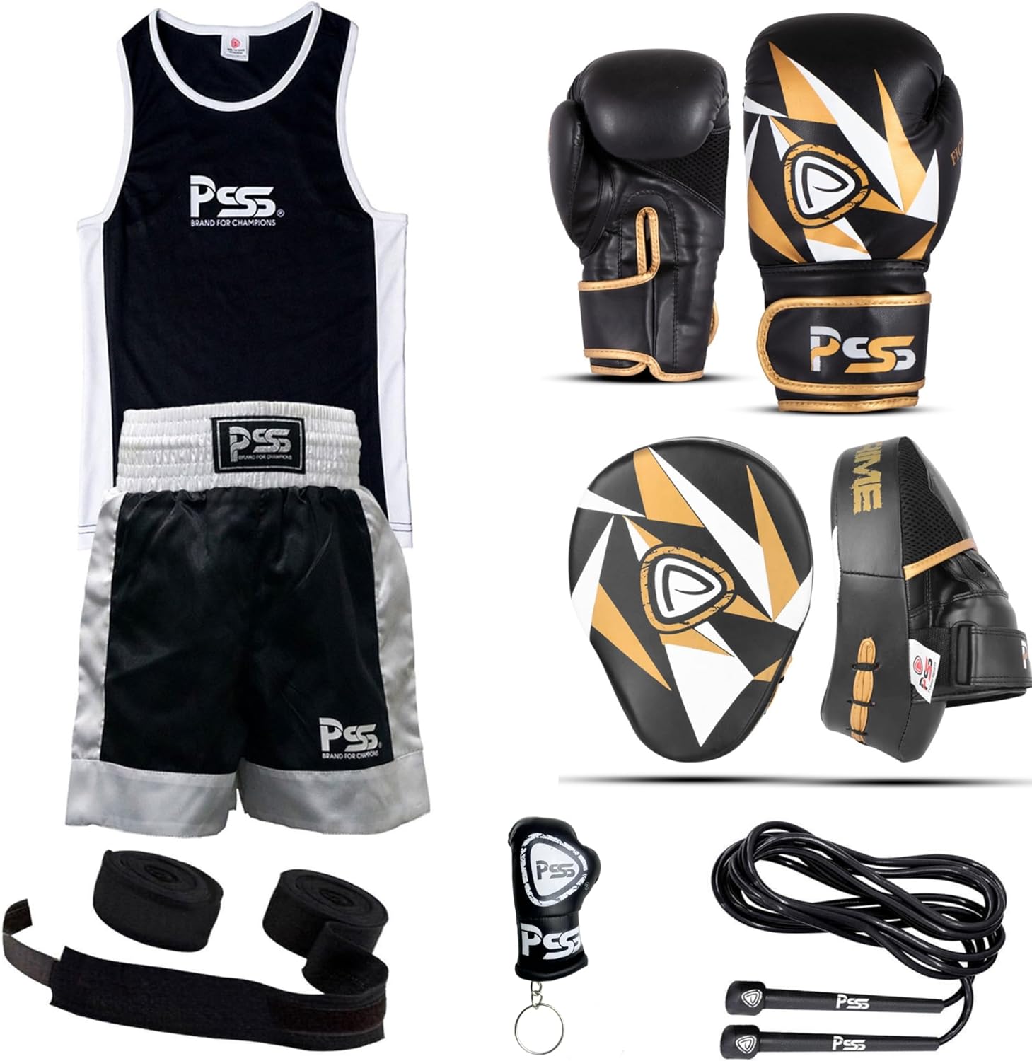 Kids Boxing 6 Pieces Set Uniform top & Short Boxing Gloves Black 1021 Focus Pad Black 1109 wrap-Skipping Rope & Keychain-Professional Accessories kit for Sparring Sports – 4OZ