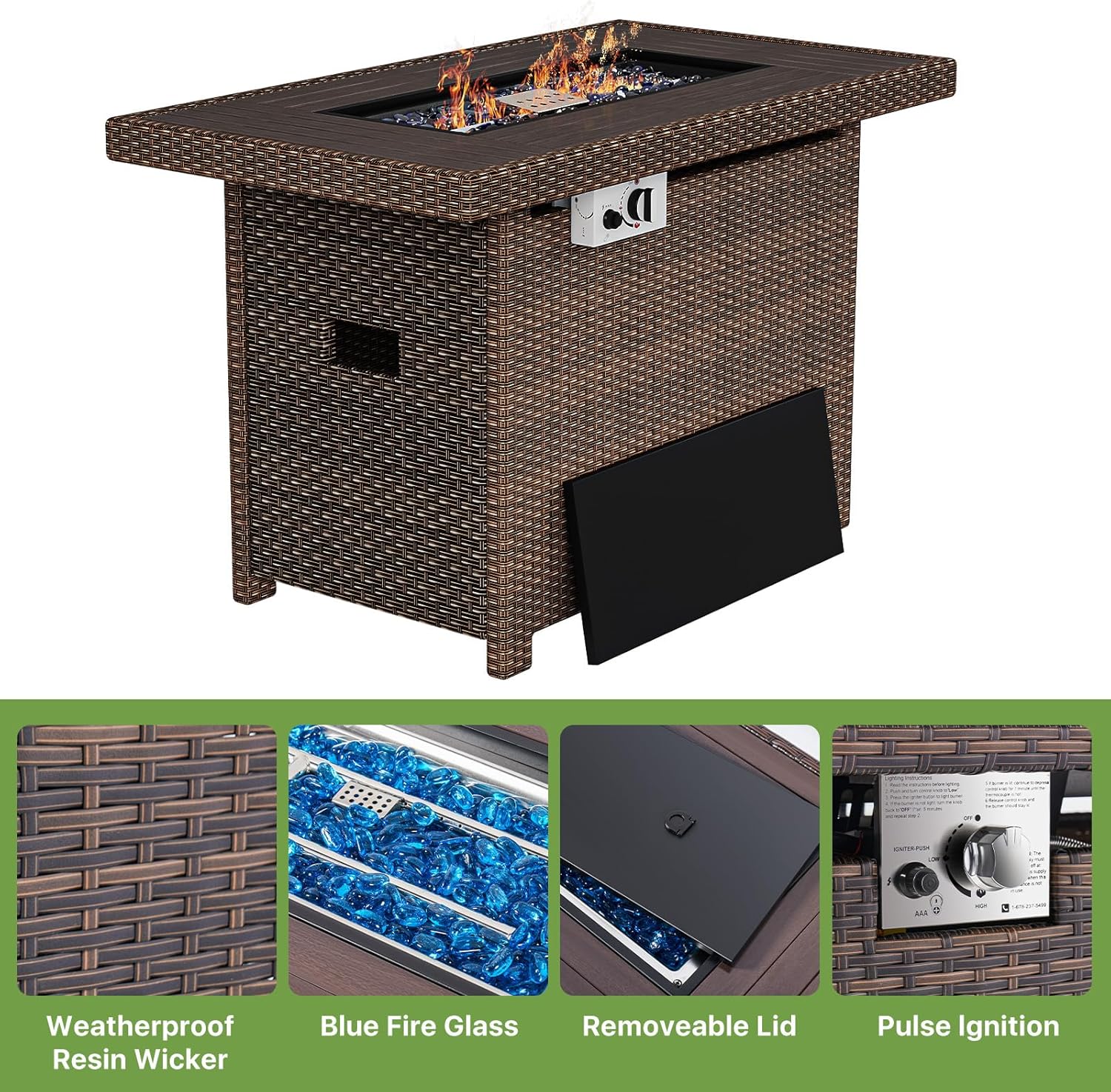 Propane Fire Pit Table with Storage, 40 in CSA Propane Fire Table Rectangular, Auto Ignition Gas Fire Pit for Outside Patio Deck, Oxford Cover, Brown Wicker