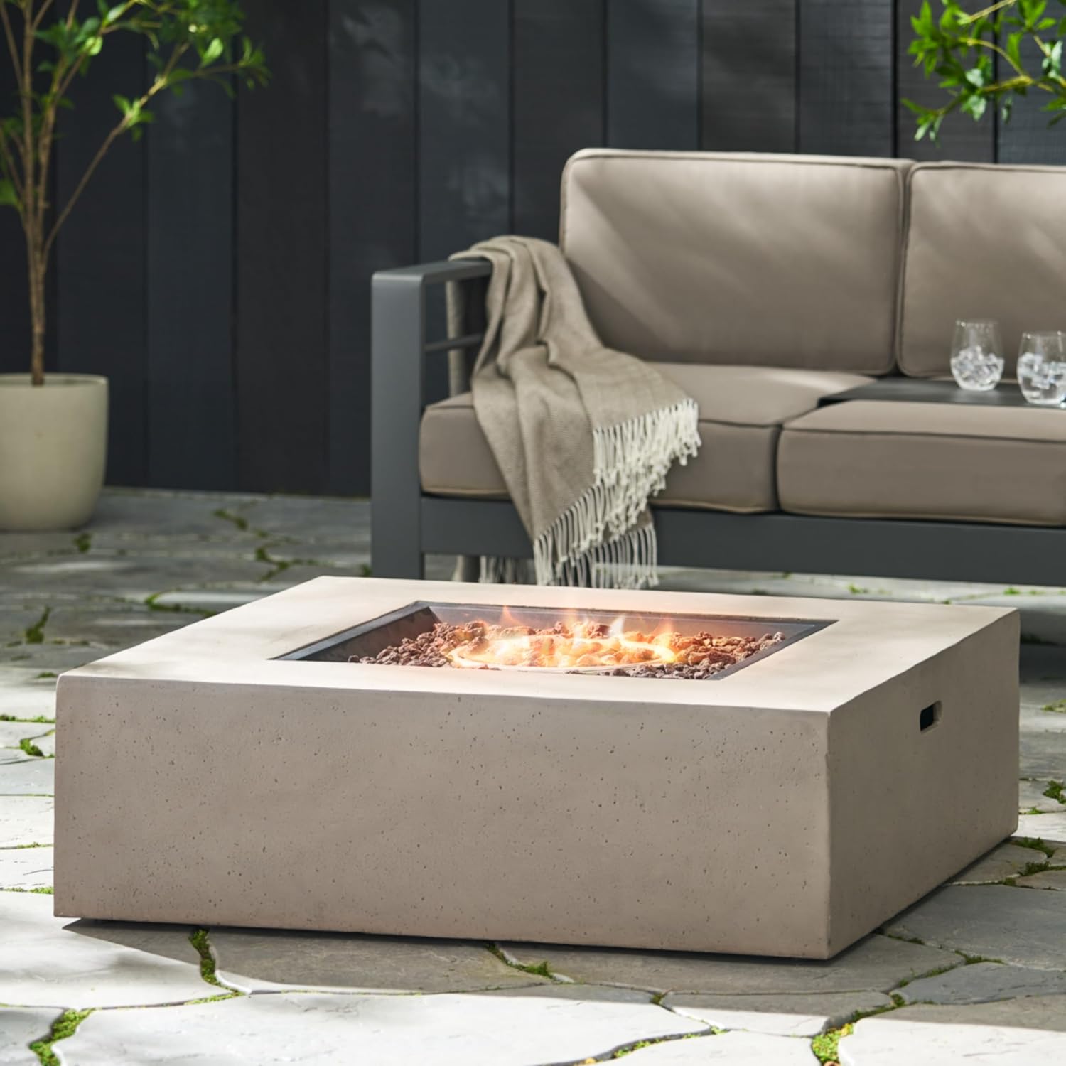 Penau 50,000 BTU Square Outdoor Fire Table, Light Grey Magnesium-Oxide Stone-Look, Propane Fire Pit Table with Lava Rock Basin, 40 x 40 x 12.5 Inchs