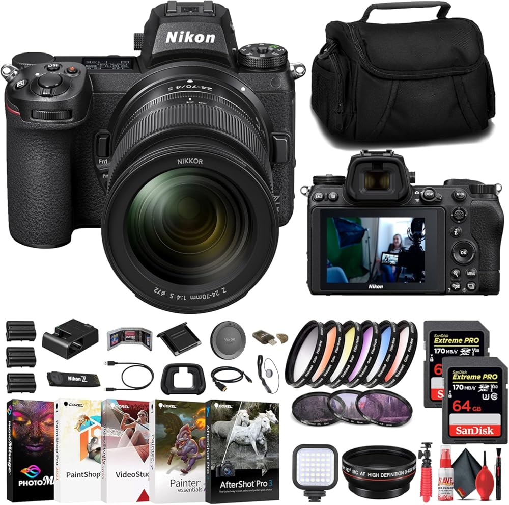 Nikon Z7 II Mirrorless Camera with 24-70mm f/4 Lens (1656) + 2 x 64GB Memory Card + Filter Kit + Wide Angle Lens + Color Filter Kit + Bag + 2 x EN-EL15c Battery + Card Reader + More (Renewed)