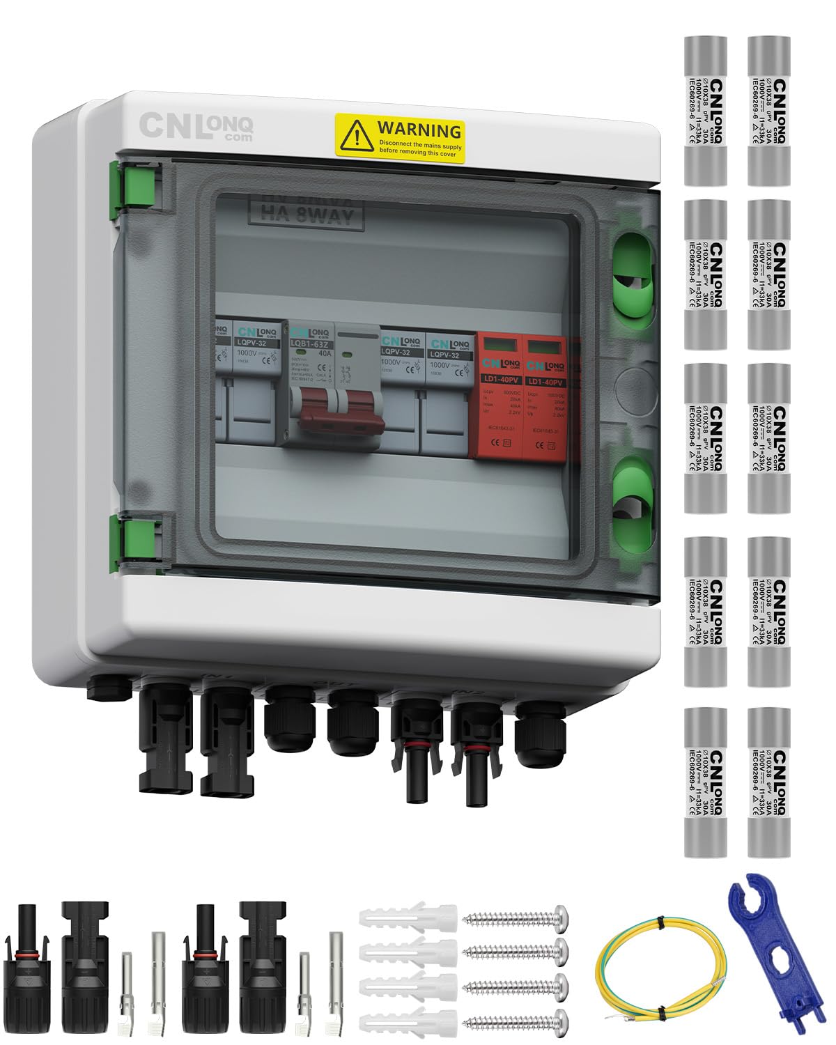 2 String Solar PV Combiner Box with 10pcs Fuse Link 30A DC 1000V IP65 2 in 1 Out DC500V 40A Circuit Breaker with Surge Protector and 20A PV Fuse,Solar Disconnect Switch Outdoor Waterproof for Solar Pa