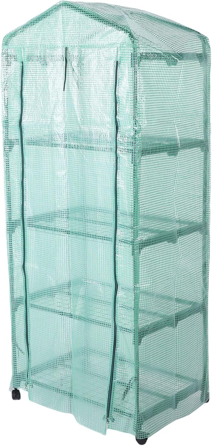 4 Tier Greenhouse with Wheels, 27.2x19.3x62.2in 360 Rotating Reusable Portable Warm House with Green PE Cover and Shelf for Compact Garden and Small Backyards (Green)