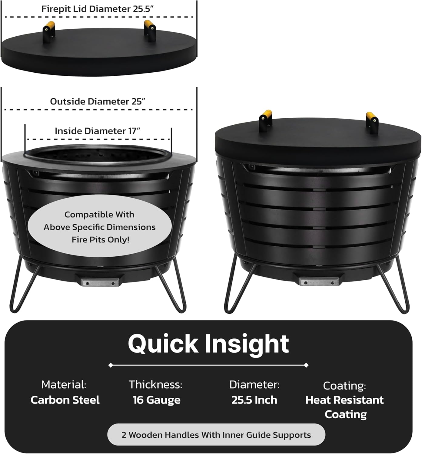 25.5” Round Fire Pit Lid – Heat Resistant fire pit cover round metal for Outdoor Fireplace 16 Gauge Steel Flat Fire Pit Burner Pan Cover with 2 Wooden Handles Snuffer Lid for Round Patio Fire Pit Ring