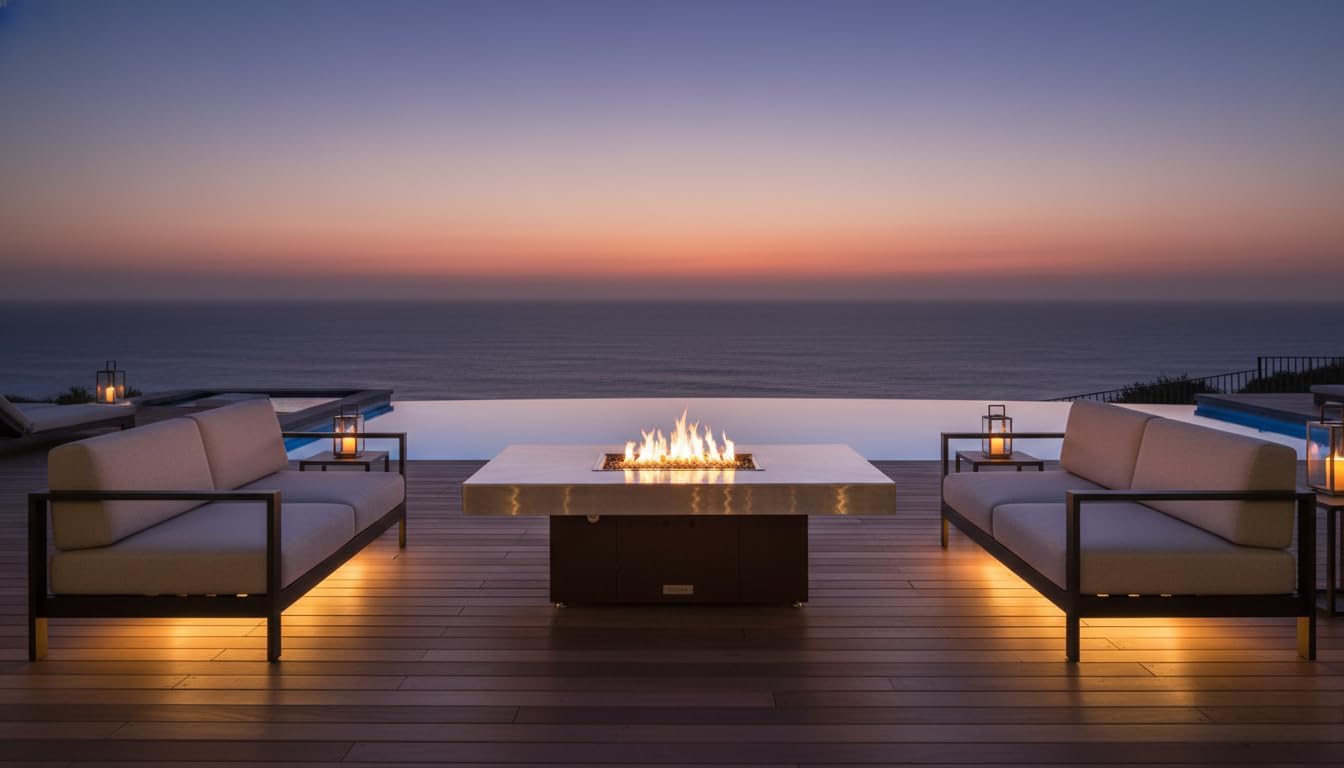 COOKE Santa Barbara Rectangular Fire Pit Table - 40 x 30 - Propane - Brushed Aluminum Top - Dark Cherry Powdercoat Base