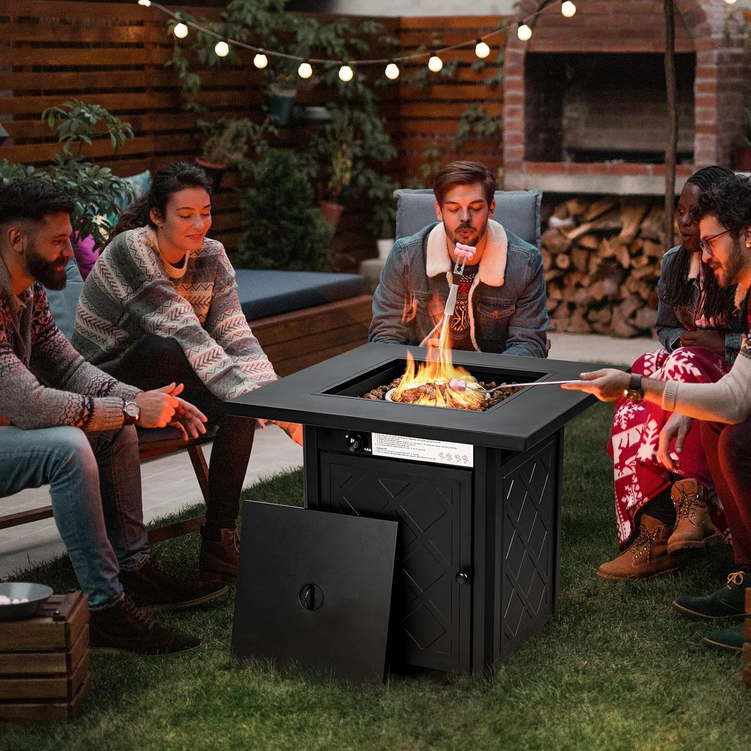 Tangkula 28 Inches Outdoor Propane Fire Pit Table, Patiojoy 50,000 BTU Patio Gas Fire Pit Table, 2-in-1 Square Auto-Ignition Fire Table with Lid and Lava Rocks for Backyard, Party