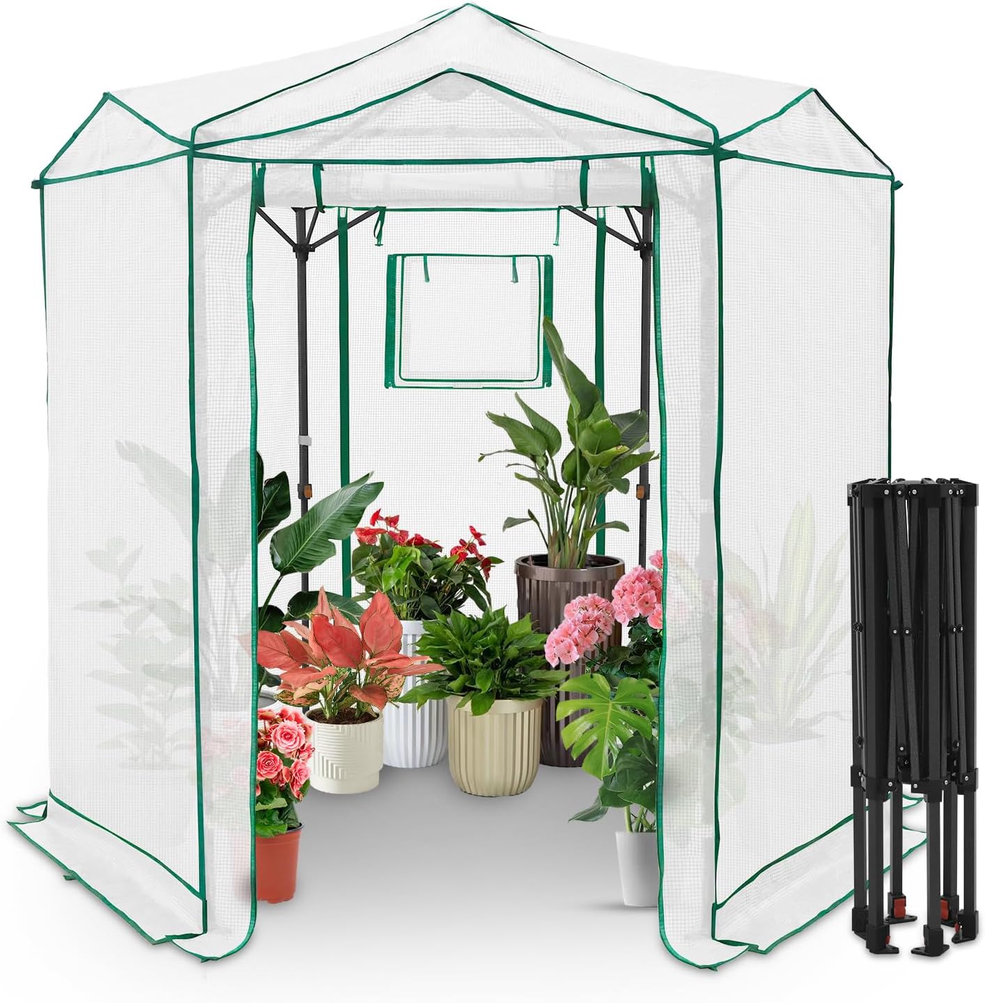 EAGLE PEAK 6.6x6.6 ft Hexagon Pop up Greenhouse, Portable Walk-in Grow Tent for Seed Starting, Garden Plants, Indoor Outdoor Green House, All-Weather Plant Shelter, PE Cover, White/Clear