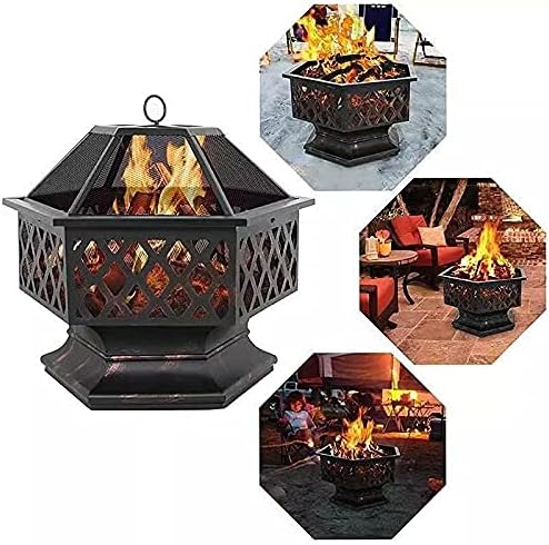 Multifunctional Fire Pit Table, Hexagon Fire Pit, Firepit Table for Outside Wood, Patio Stove Wood Burning BBQ Grill Fire Pit Bowl with Spark Screen Cover for Camping and BBQ