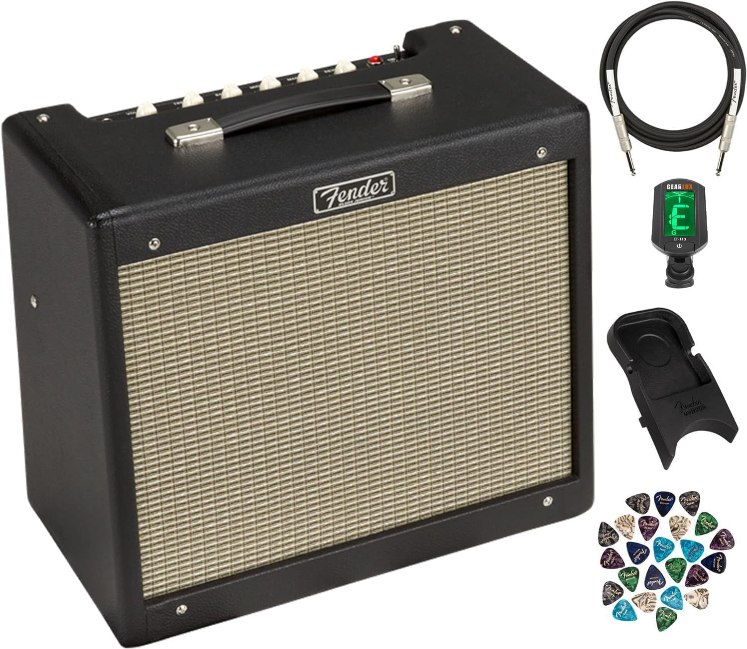 Fender Blues Junior IV Guitar Amplifier, Black Bundle with Instrument Cable, Amperstand Guitar Cradle, Tuner, and 24-Pack Picks