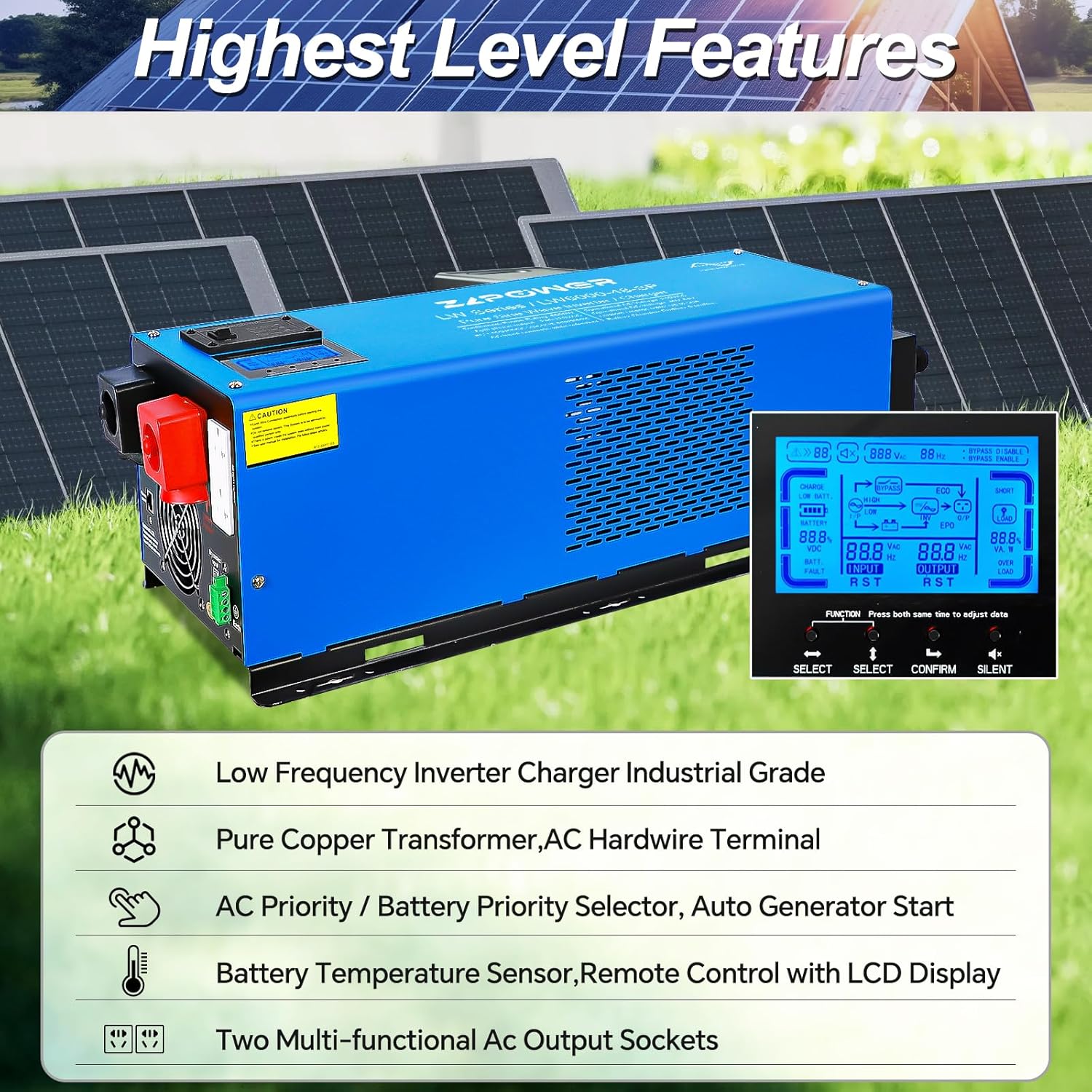 ZLPOWE 4000W 24V Inverter Pure Sine Wave Inverters Low Frequency 240Vac Input 120Vac/240Vac Output Split Phase with Battery Charger Off-Grid 12000W Peak for RVs Home