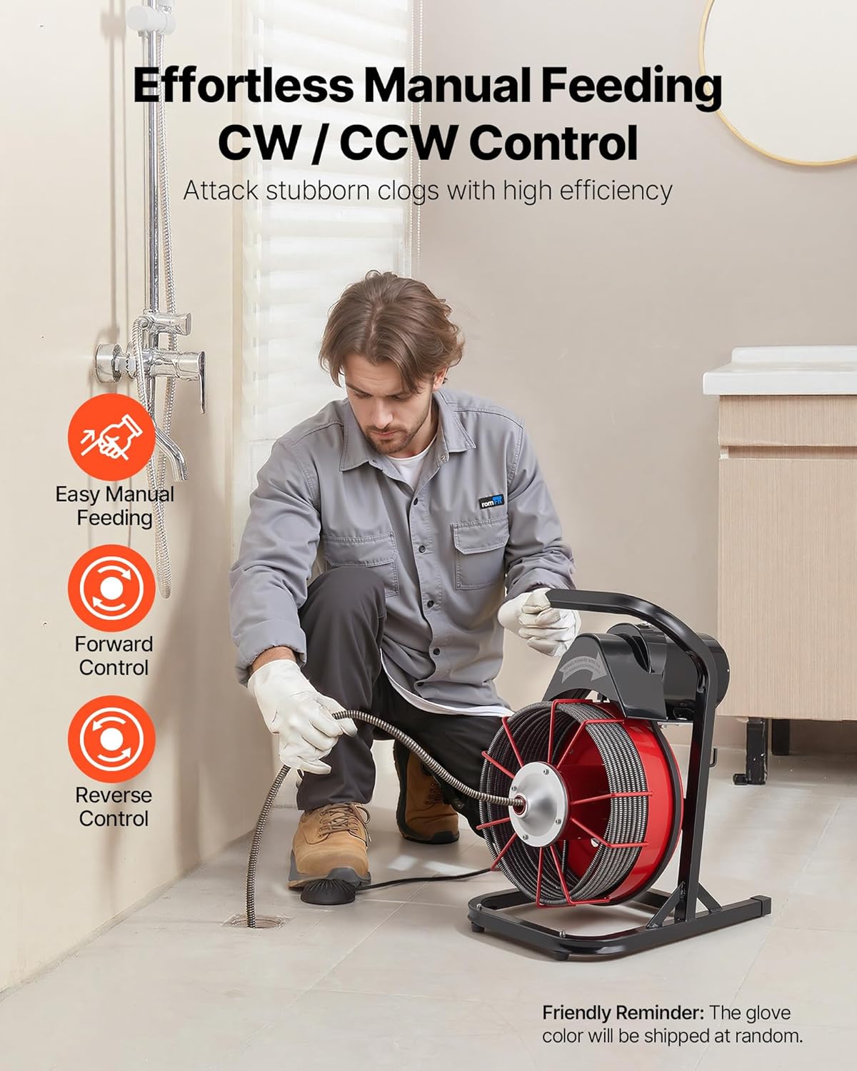 VEVOR Drain Cleaner Machine 50 FT x 1/2 Inch, Sewer Snake Auger Manual Feed with 4 Cutters & Air-activated Foot Switch for 2