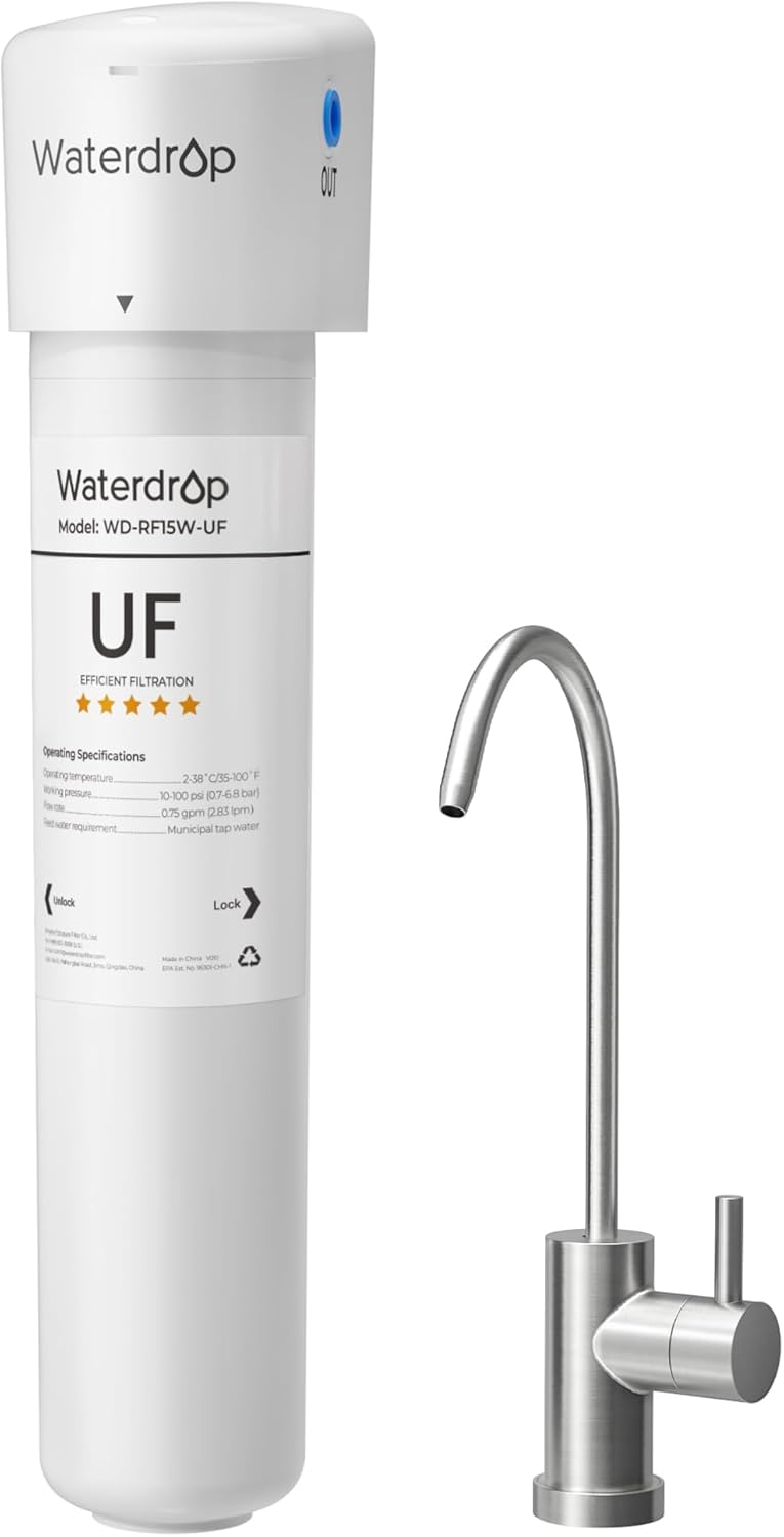 Waterdrop 15UBW-UF 0.01 μm Ultra Filtration Under Sink Water Filter System for Baçtёria Reduction, Reduces Lead, Chlorine, Bad Taste & Odor, 19K Gallons, with Dedicated Brushed Nickel Faucet, USA Tech