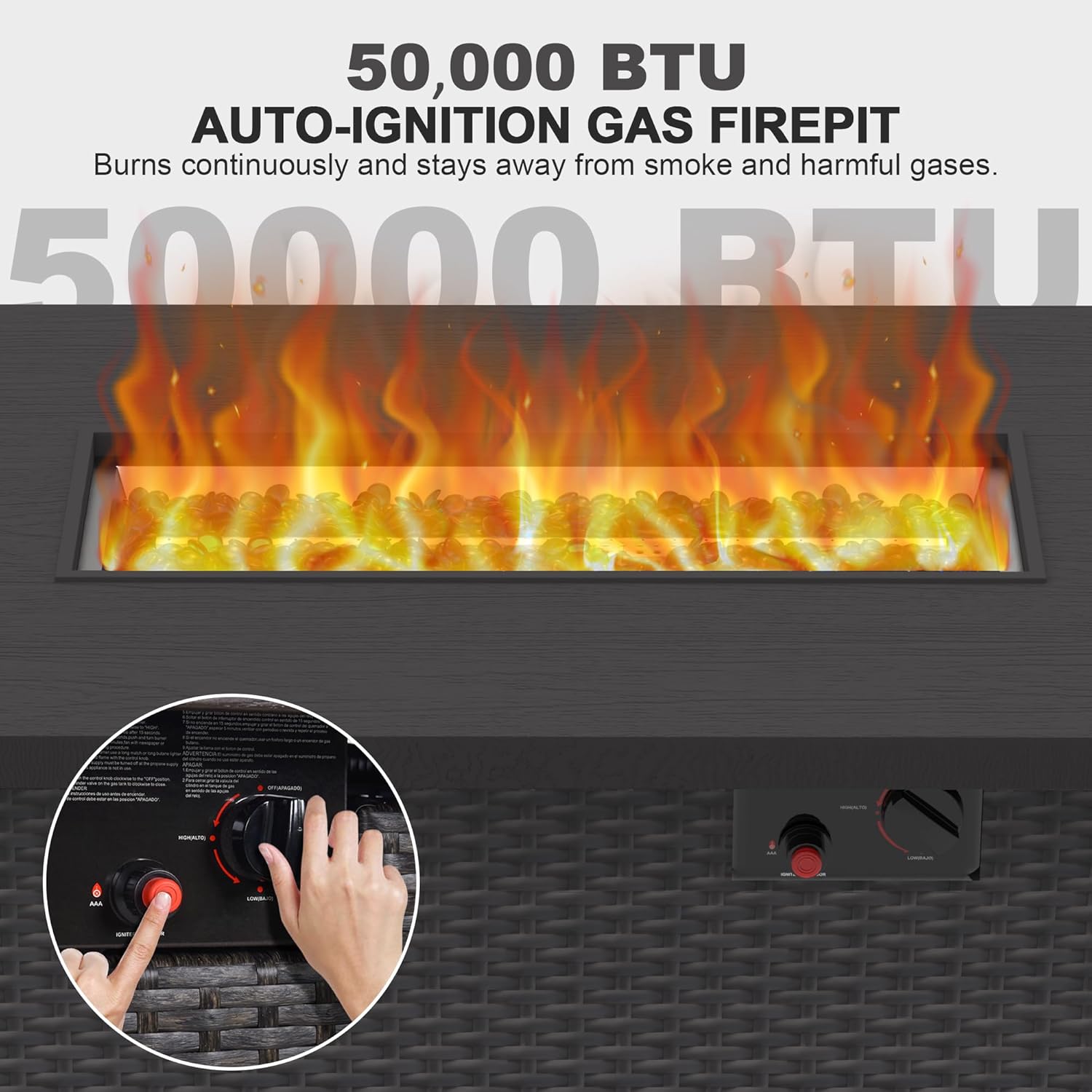 GOJOOASIS Outdoor Fire Pit Table 42 Inch Patio Propane Fire Pit Wicker Rattan 50,000 BTU Auto-Ignition Gas Pit for Outside Black Without Glass Wind Guard