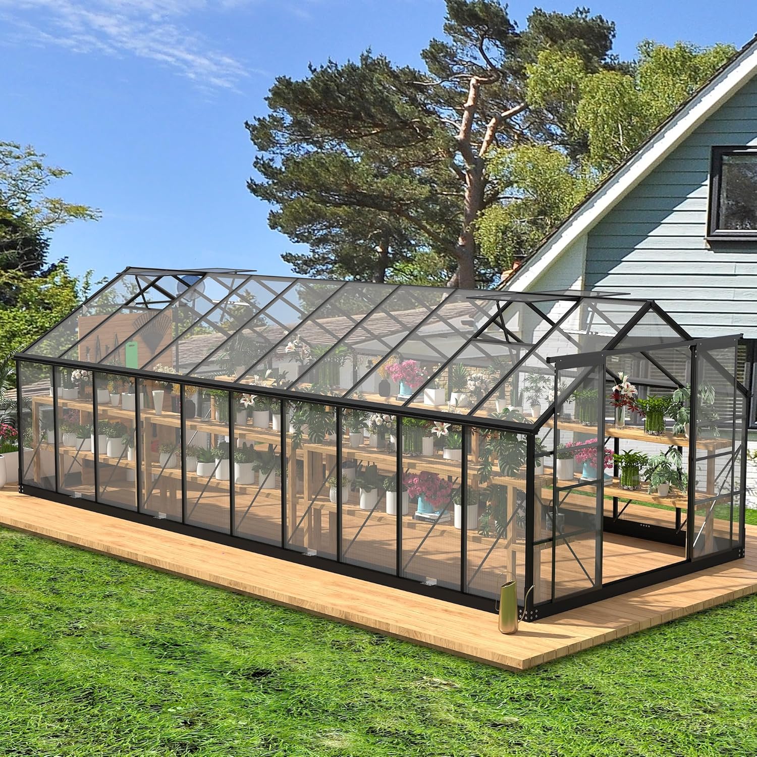 Greenhouses for Outdoors, 8x20 FT Polycarbonate Greenhouses with 4 Adjustable Roof Vents, Walk-in Aluminum Frame Green Houses for Outside with Sliding Doors Fit for Garden, Windproof (8x20FT)