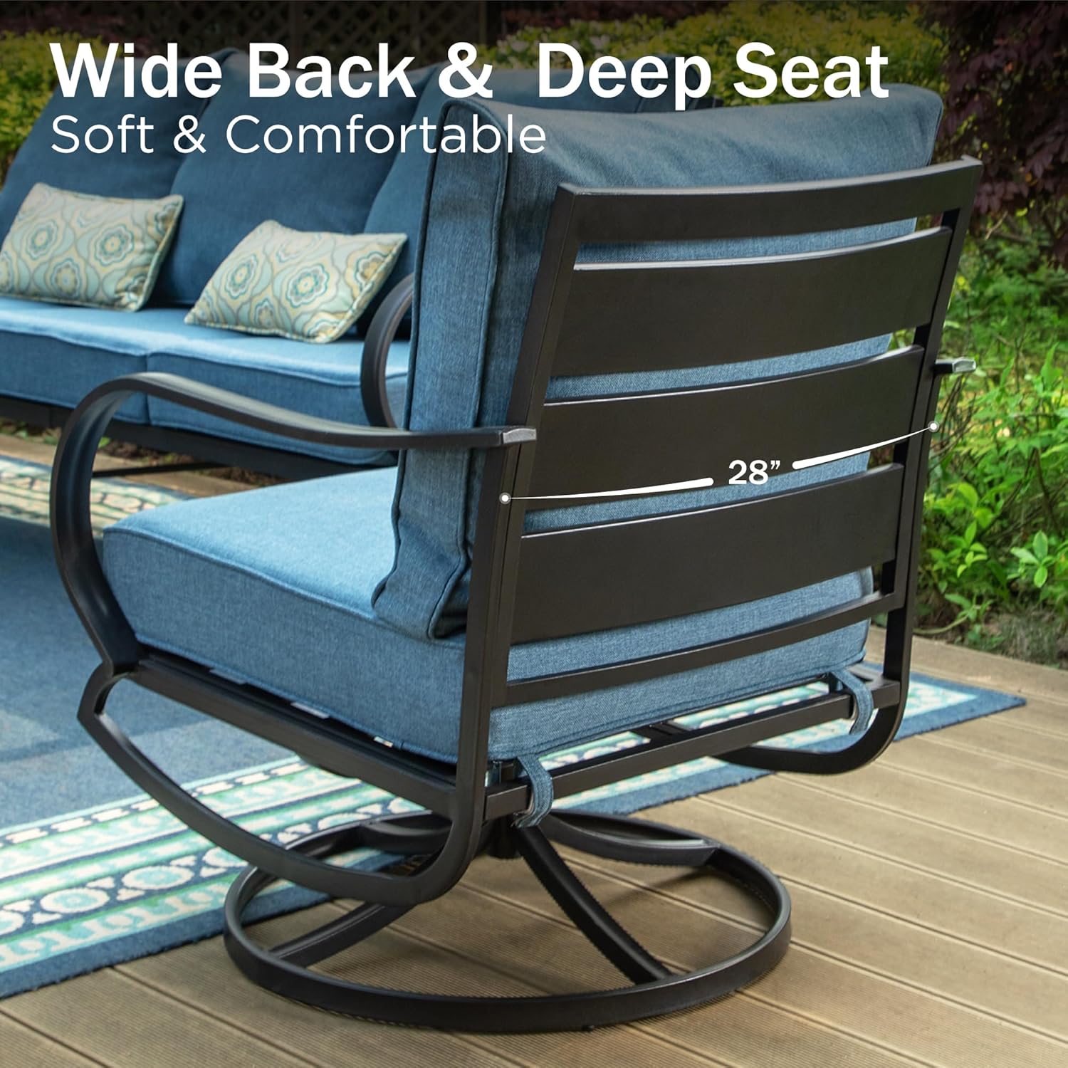 PHI VILLA Outdoor Patio Furniture Set, Swivel Sofa Chairs & 3 Deep Seat Sofa Bench, Gas Firepit Table, Upgraded Fabric Suitable for Outdoor Use, 8 PCS Navy Blue