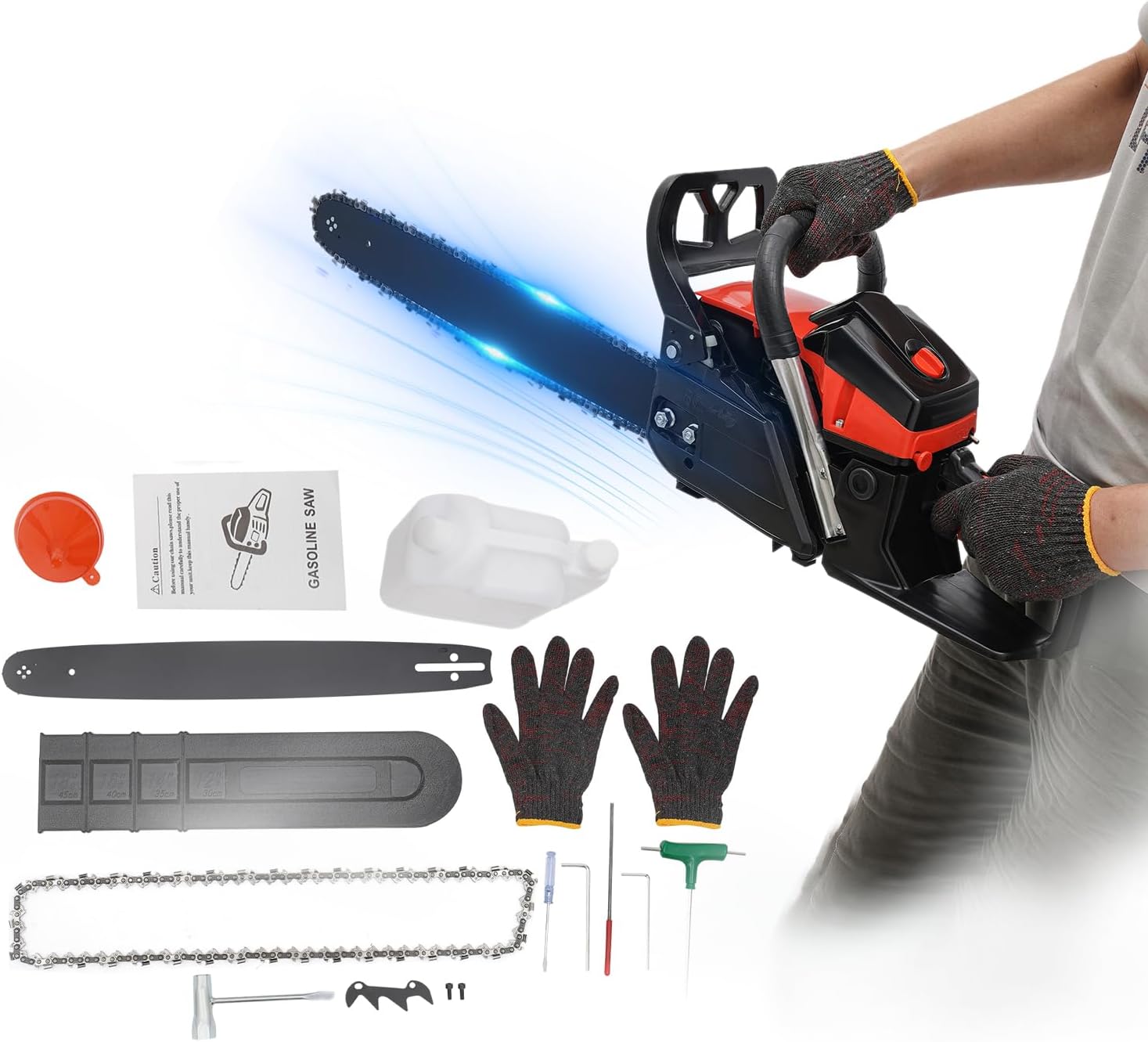 18 Inch Gas Powered Chainsaw, 58CC 2 Stroke Handheld Cordless Petrol Gasoline Chainsaw, 2800-11000Rpm High Speed for Tree Cutting, Gardens and Farms