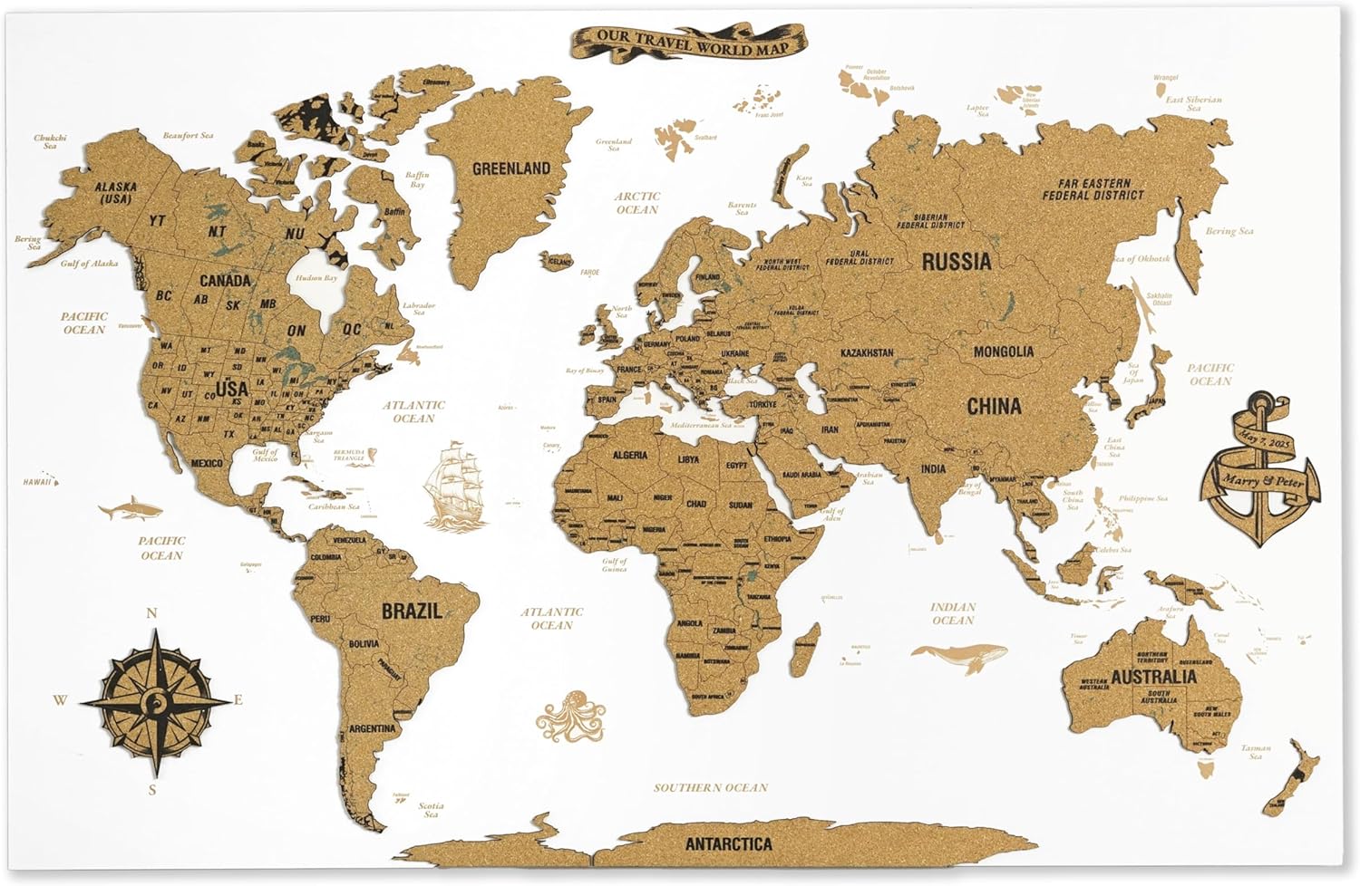 Colorfull Worlds Unframed White Cork World Map Wall Art – 35 x 23 inches – 1-Piece Design – Travel Pin Board – Modern Office & Home Decor