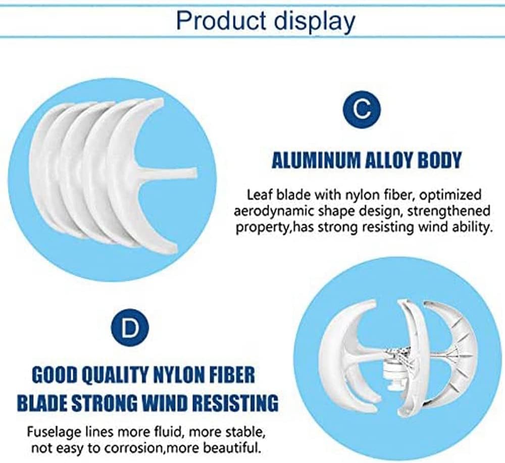 White Wind Turbine Generator Kit, 5 Blades Vertical Wind Turbine, 12V/24V/48V Lantern Wind Generator with Controller