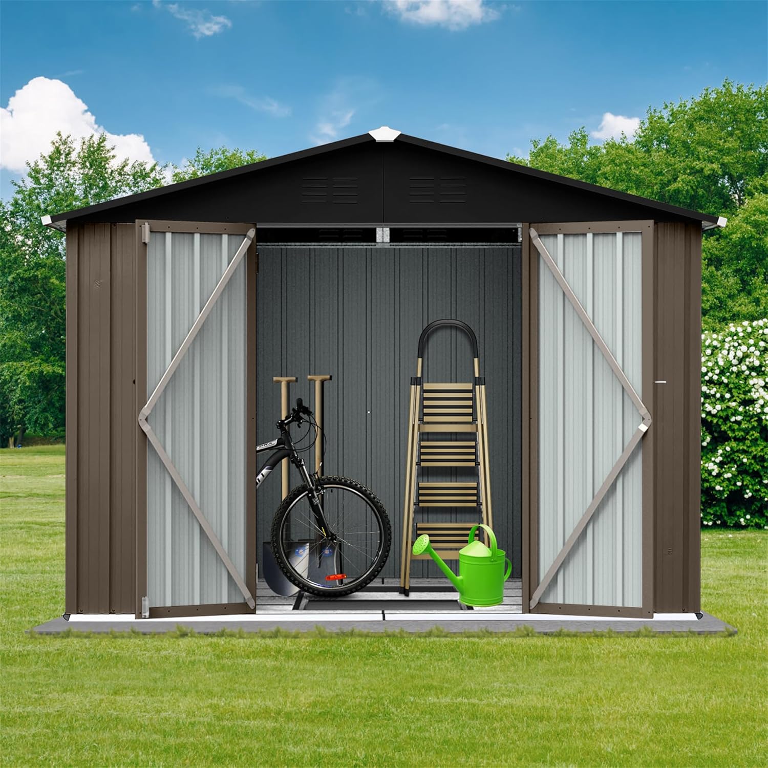 8x6FT Shed Outdoor Storage Shed, Metal Tool Shed with Waterproof Roof and Lockable Door, Garden Shed for Backyard Patio Lawn, Brown&Black