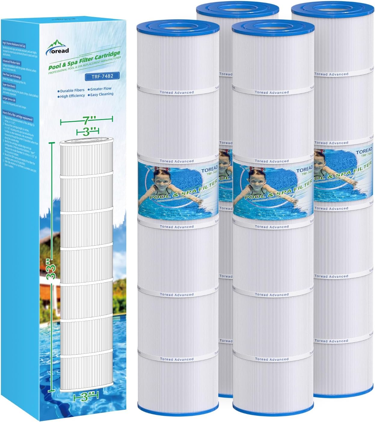 TOREAD PJAN145 Pool Filter Replaces Jandy CL580, CV580, Unicel C-7482, Ultral-A10, Filbur FC-0820, A0104100, R0357900, Filbur FC-6415, SD-01109, 145 sqft Filter Cartridge 4 Pack
