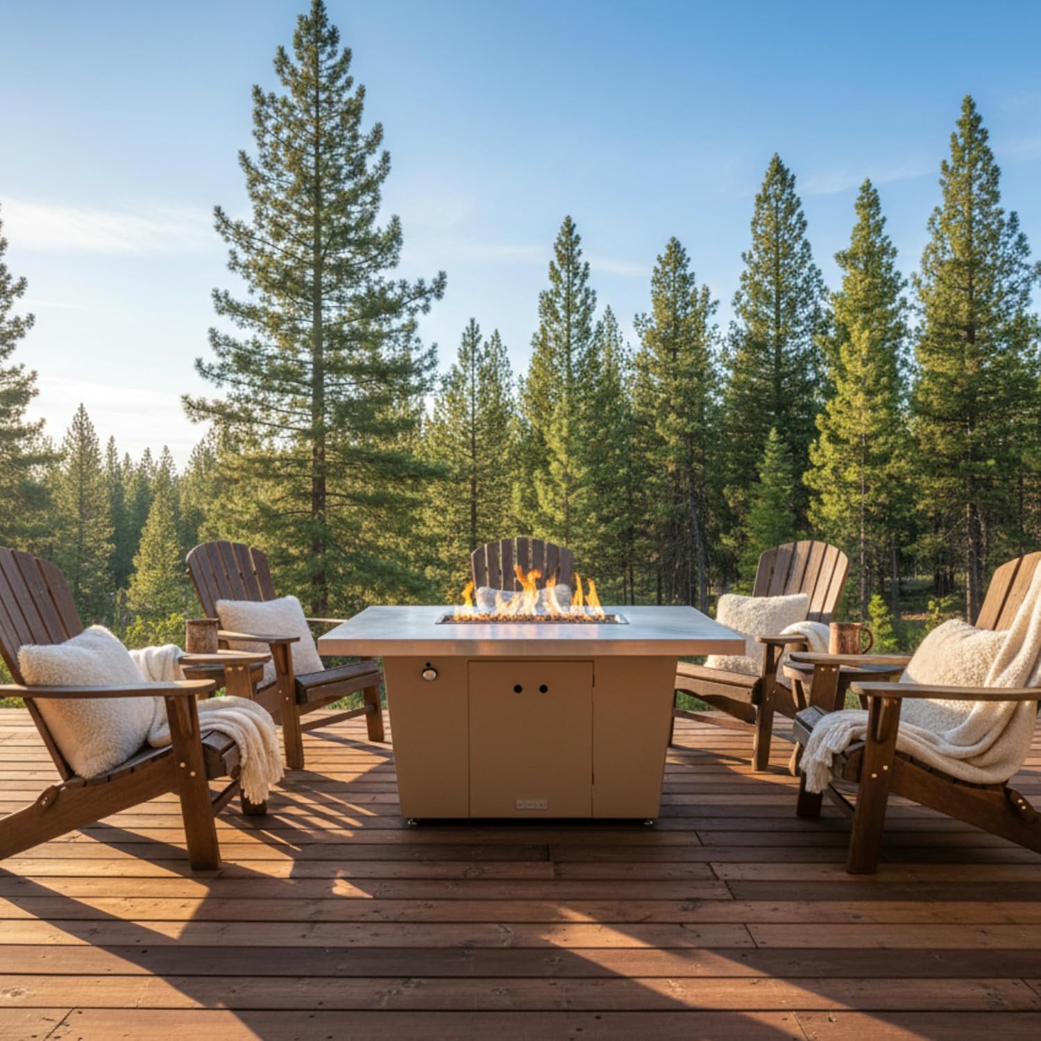 COOKE Palisades Rectangular Fire Pit Table - 52x36 - Chat Height - Natural Gas - Brushed Aluminum Top with 3cm Edge - Beige Powdercoat Base