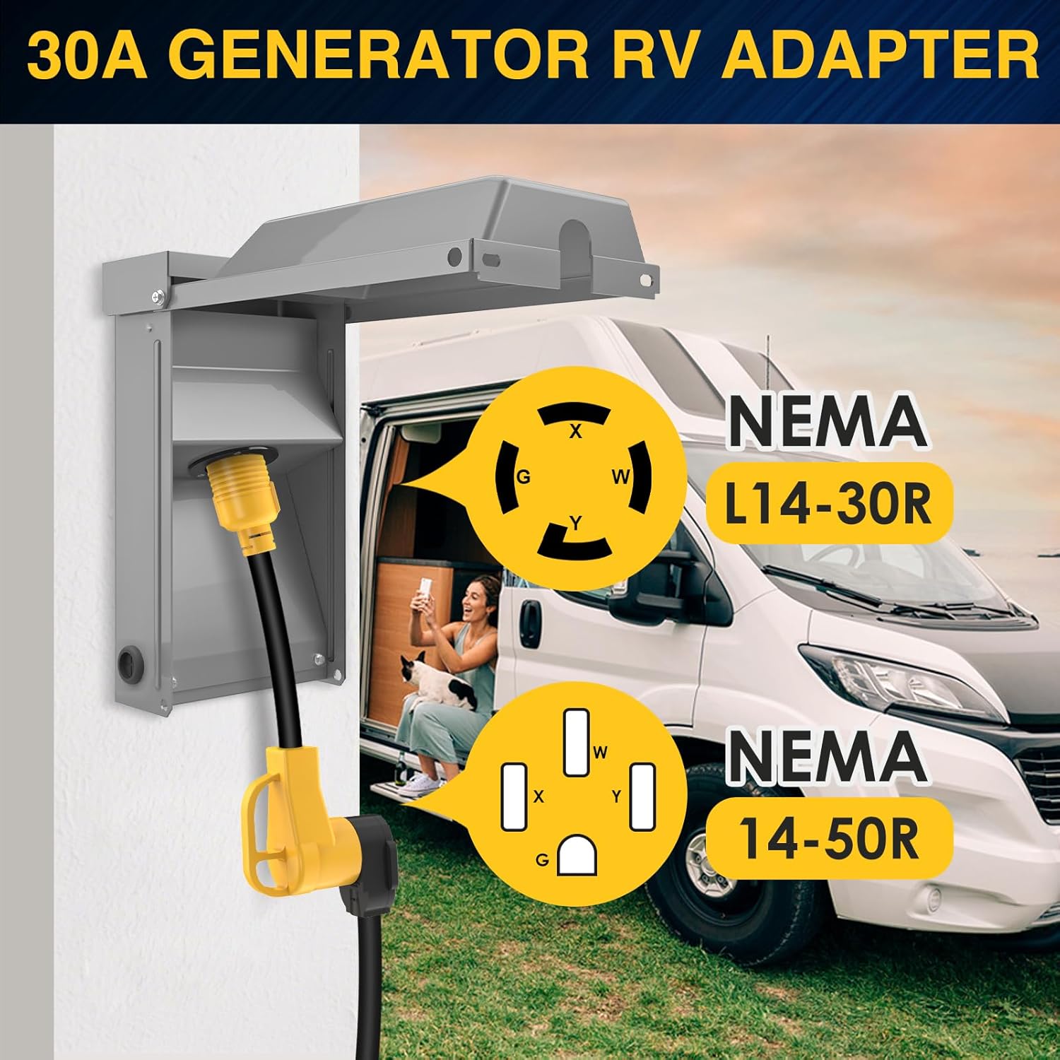 30A Generator Setup, L14-30P Generator Inlet Box with L14-30R to 14-50R Adapter, for Backup Generator
