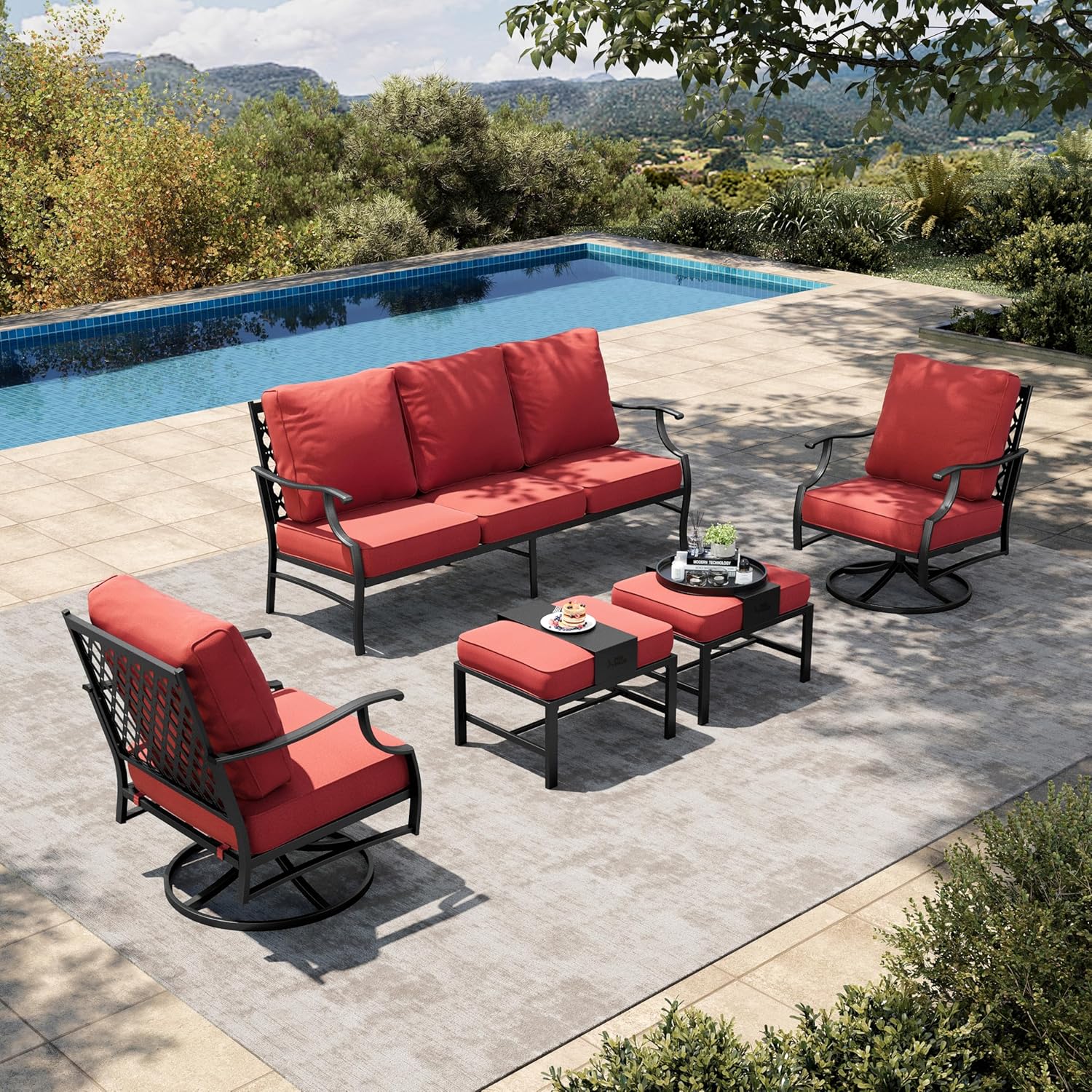 HERA'S HOUSE 5 Piece Patio Furniture Set, 2 x Swivel Chair, 2 x Ottoman, 1 x 3-Seat Sofa, All Cushioned 7 Seats Metal Outdoor Conversation Set for Lawn Garden Backyard