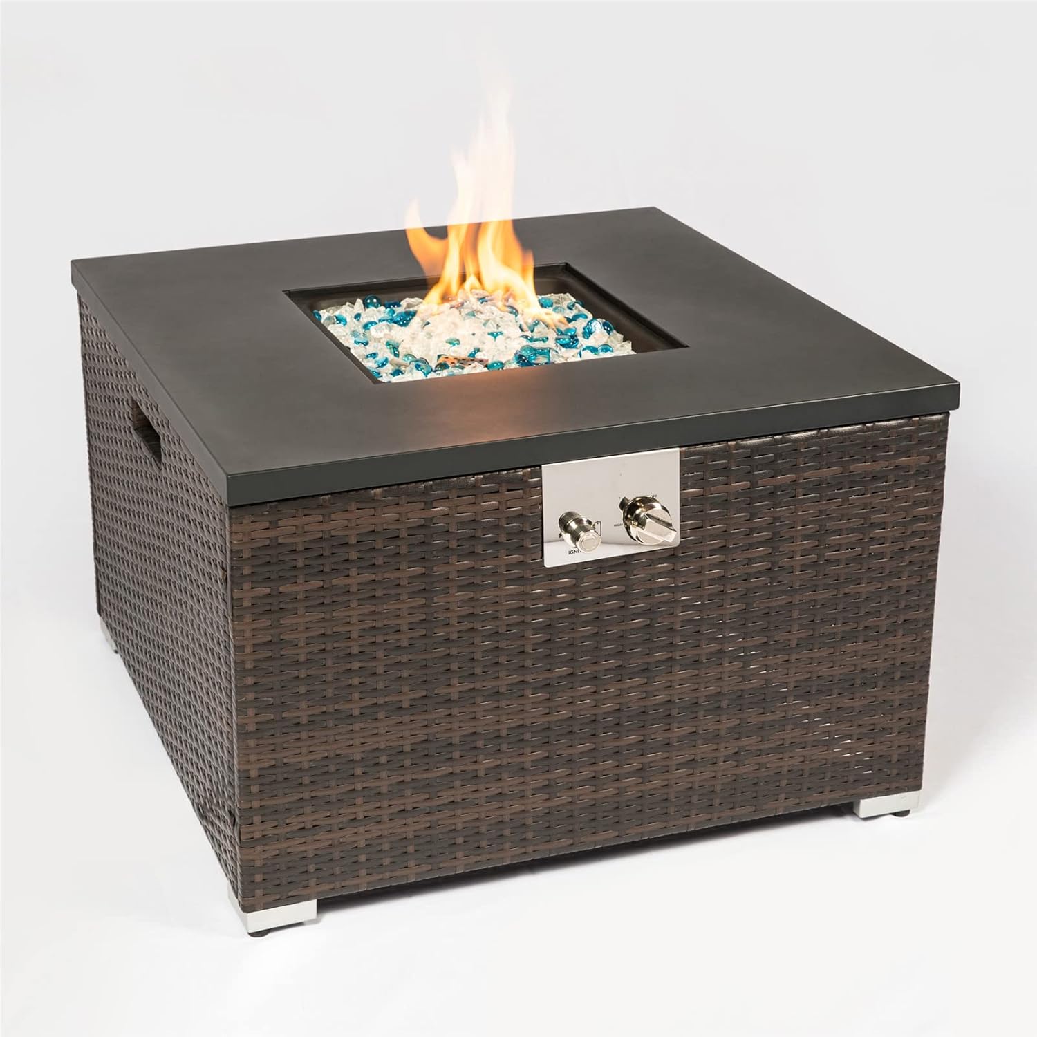 Outdoor Rattan Wicker Fire Pit Column, Propane Fire Column for Decor 50,000BTU Gas Fire Pit Table with Ceramic Tile Tabletop Garden Corner Table (32IN Brown Square Fire Table)