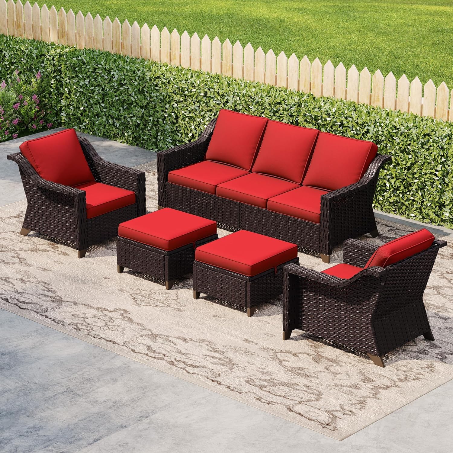 Patio Furniture Set with Wicker Sofa, Ottomans, Patio Chairs and Side Table, Outdoor Furniture Set with High Back 4