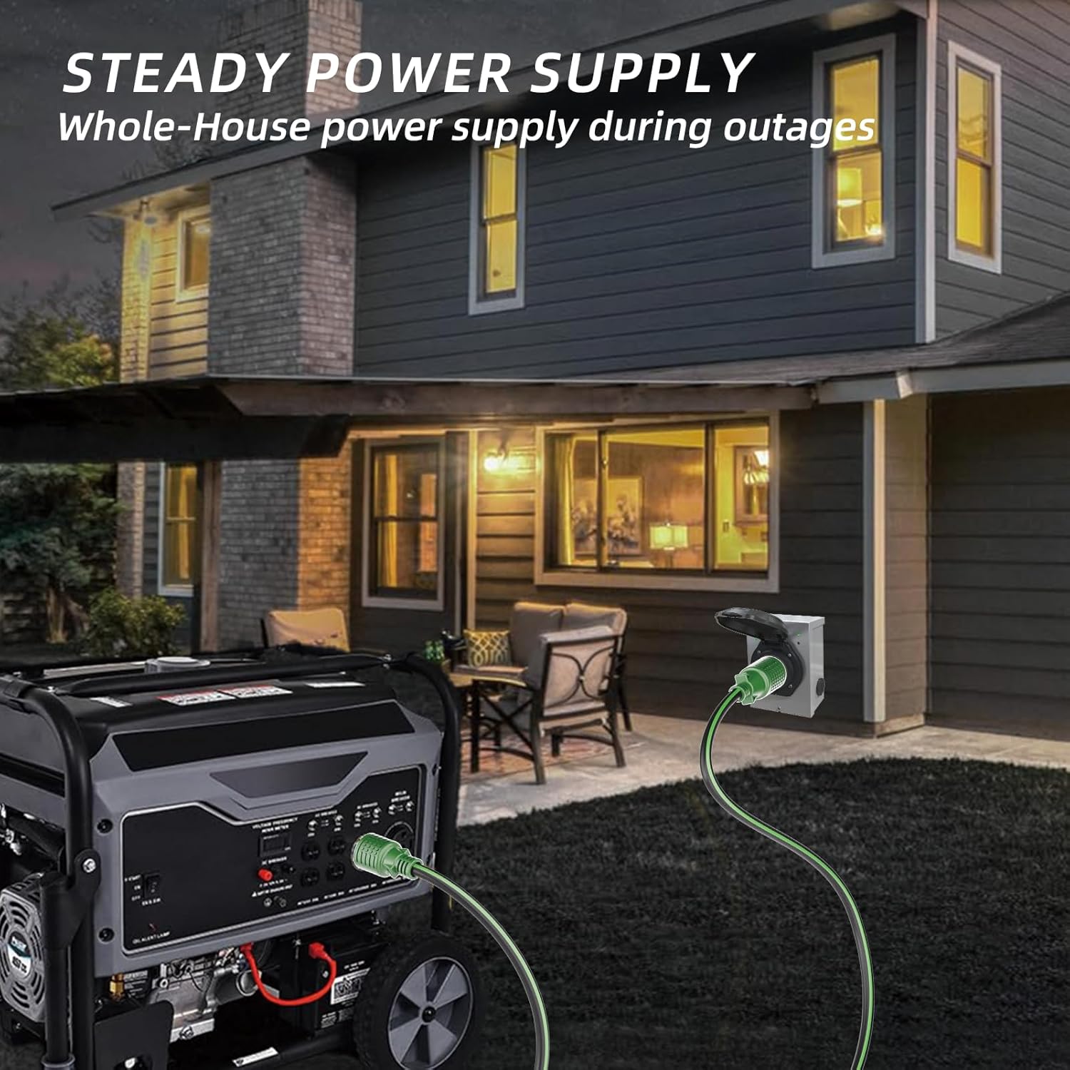 4 Prong 30 Amp Extension Generator Cord 50FT, NEMA L14-30P/L14-30R, 125/250 Volt Up to 7500 Watts, 10 Gauge SJTW Twist Lock Power Cord for Manual Transfer Switch, Black&Green, ETL Listed