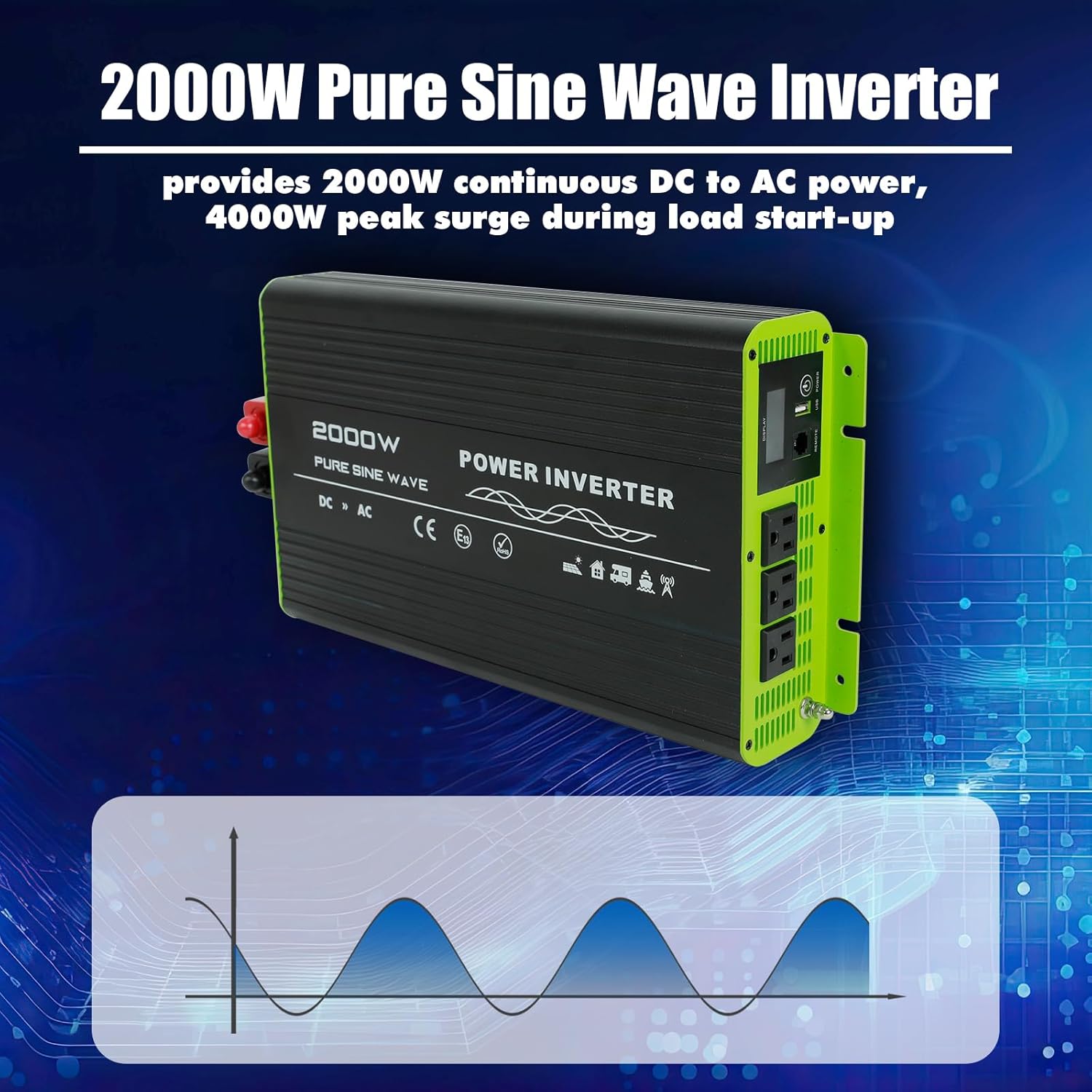 Confote 2000W Pure Sine Wave Inverter,12V DC to 120V AC Converter for Vehicles,Home, Solar Power Inverter 12V to 110V with Built-in 5V/2.1A USB/Hardwire Port, Remote Controller