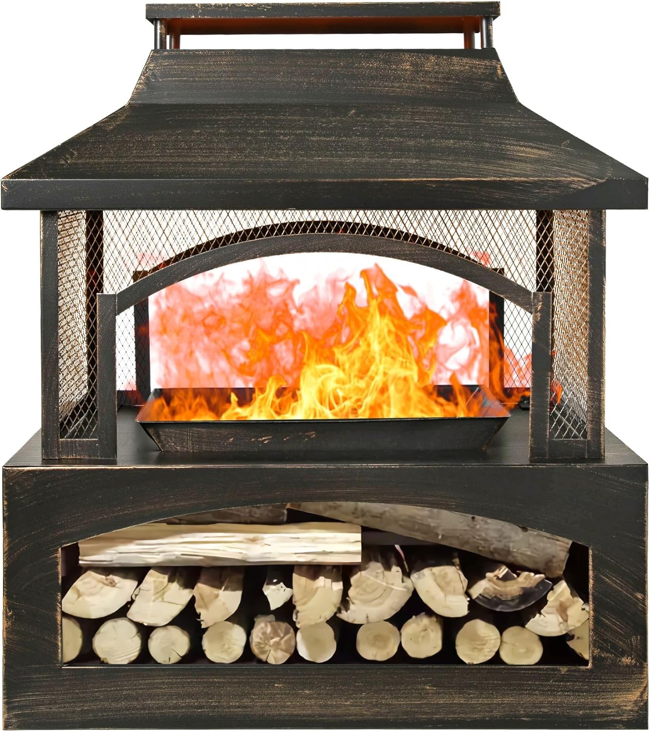 Outdoor Wood Burning Fireplace, Black Steel, 32.3x17.7x36.8 Inch, with Log Storage, Mesh Screen, Chimney Design, Fire Pit for Patio, Backyard