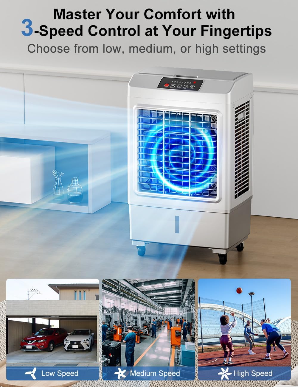 Large Swamp Cooler Air Conditioner, 2200CFM Evaporative Air Cooler, 7H Timer & 8 Gal Water Tank, 100°Oscillation, 3 Speeds & 1 Ice Boxes,Remote, Portable Air Conditioner for Garage Home