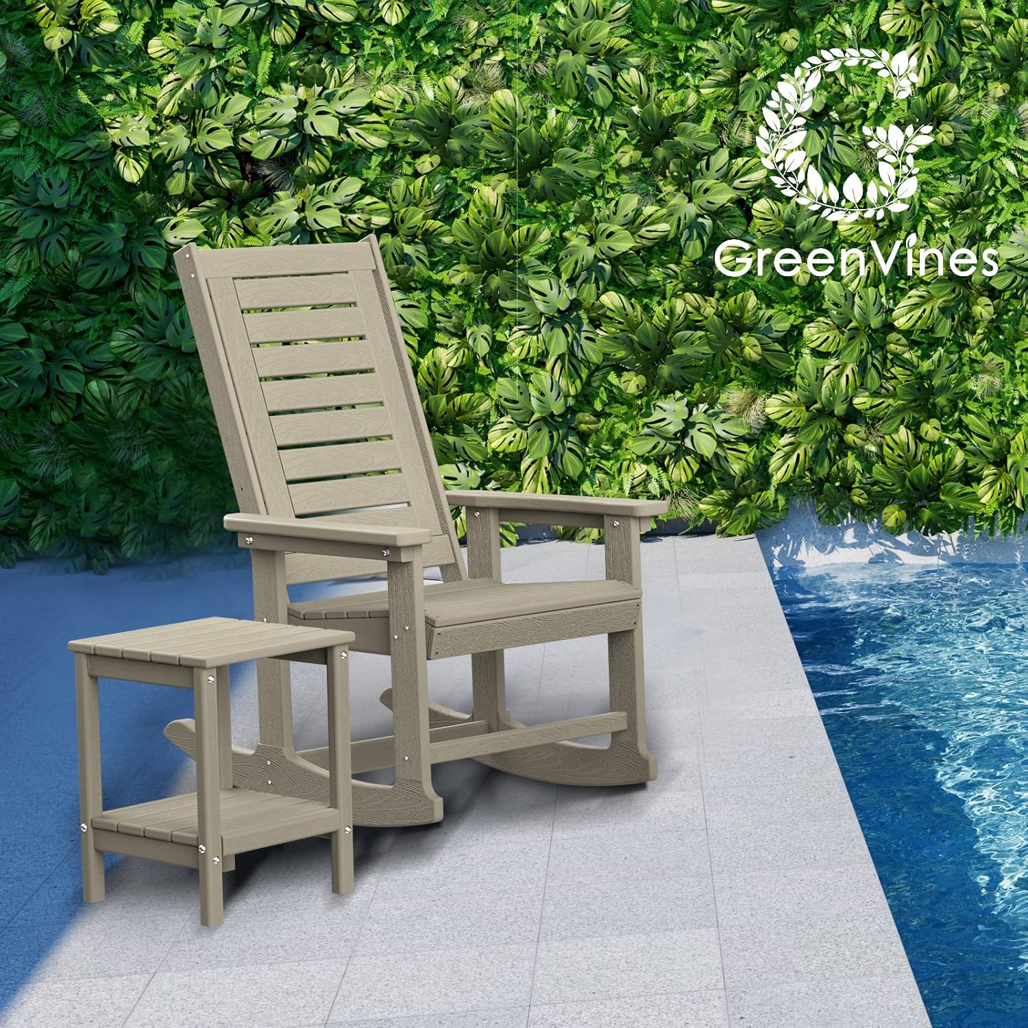 GREENVINES Outdoor Rocking Chair Set | 3-Piece | Desert Brown Wood Grain | 2 Rocking Chairs with 1 Side Table | Porch Rocker | HDPE Plastic | Patio Furniture Sets