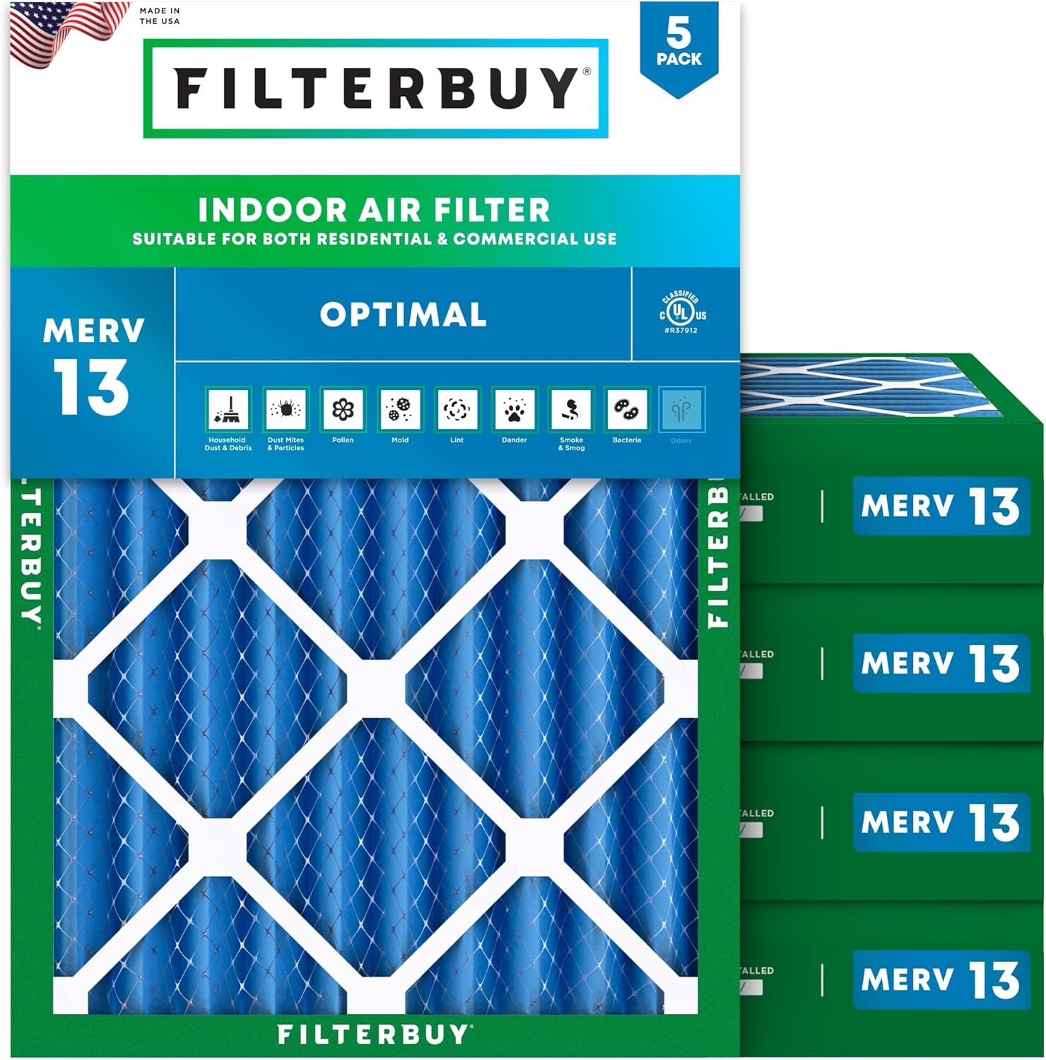 Filterbuy 24x25x4 Air Filter MERV 13 Optimal Smoke & Allergy Defense (5-Pack), Electrostatic Pleated HVAC AC Furnace Filters Replacement, Made in USA (Actual Size: 23.75 x 24.75 x 3.63)