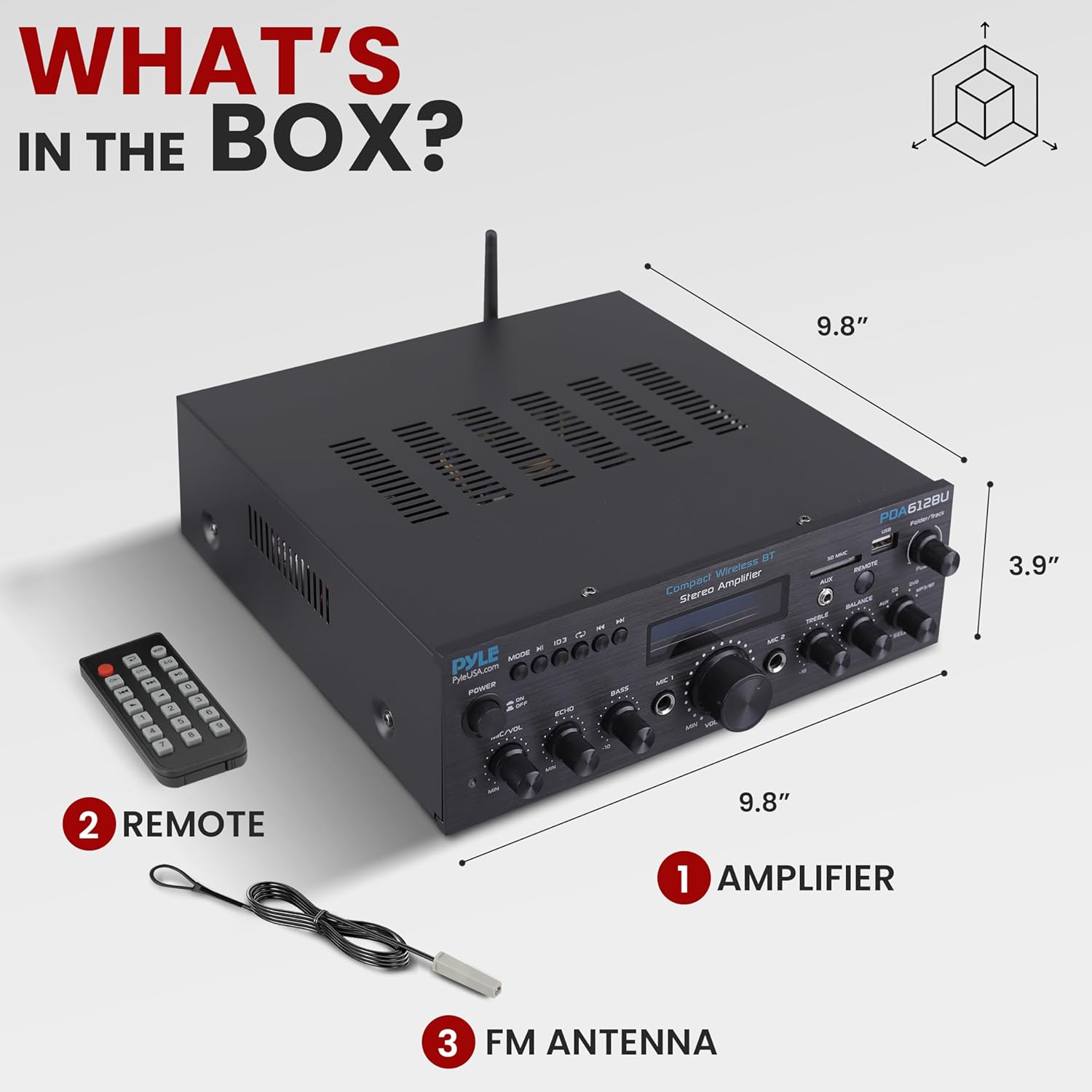 Pyle Compact Bluetooth Stereo Amplifier - 200 Watt Desktop Audio Power Amp Receiver with FM Radio, MP3/USB/SD Readers, Digital LCD Display, Microphone Input - Pyle PDA612BU