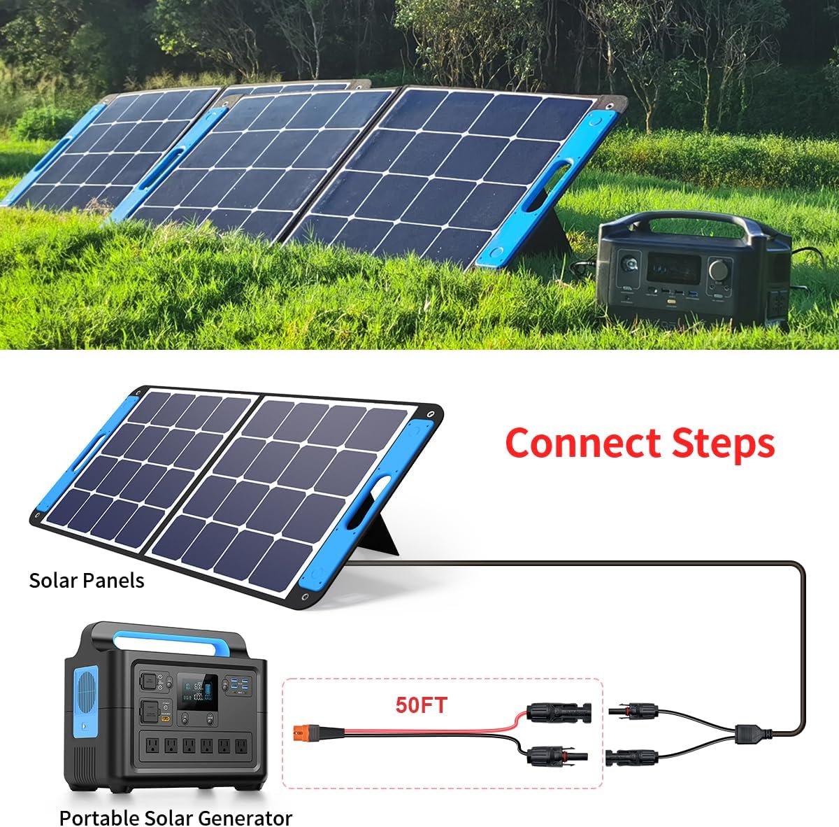 12AWG 50FT Solar to XT60i Cable 2 10 25 35 50 75 100FT Solar Connector to XT60i Adapter Cable for Portable Power Station (50FT)