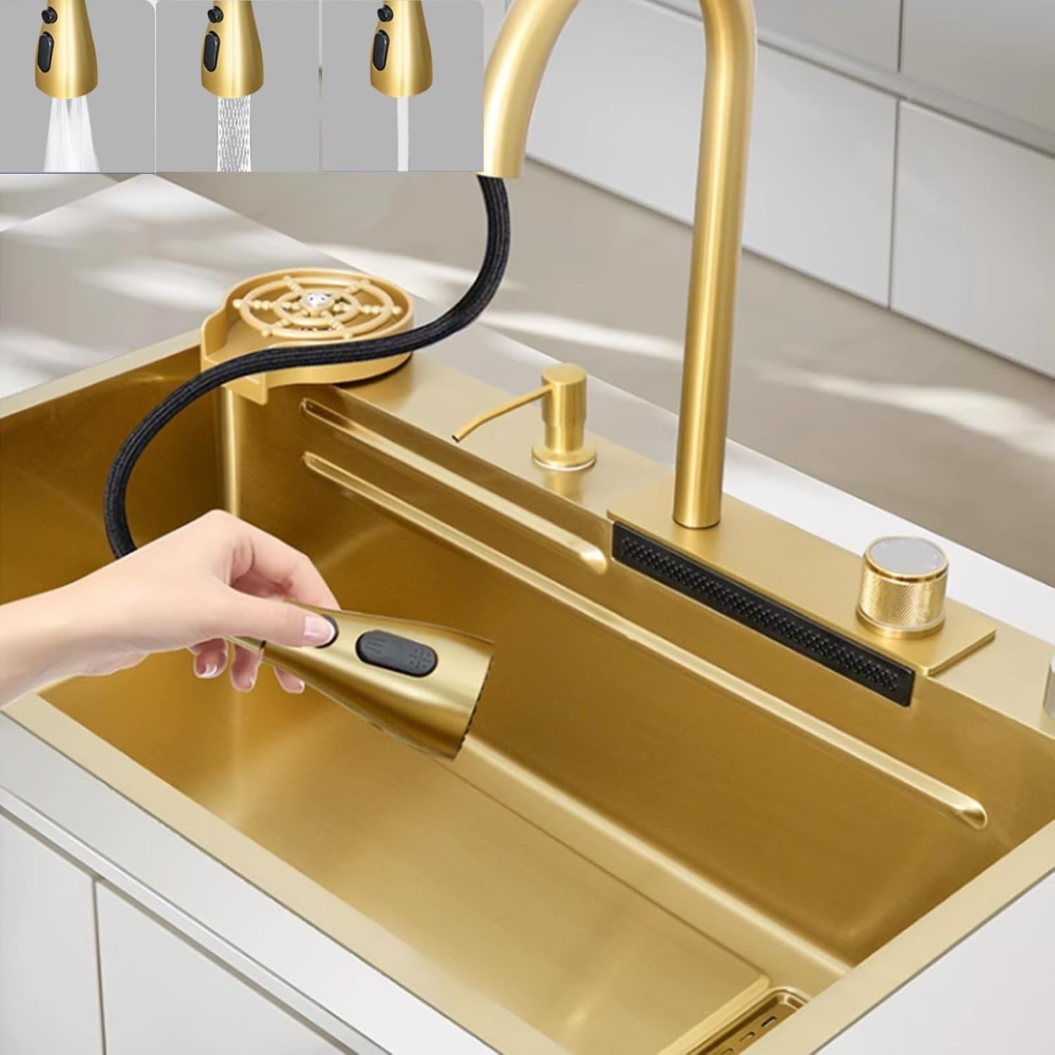 Kitchen Sink Tap,Golden Sink Stainless Steel Sink Golden Kitchen Sink Waterfall Faucet Large Single Sink Including Cutting Board Glass Washer and Other Accessories (Size : 80x (80x45x20CM)