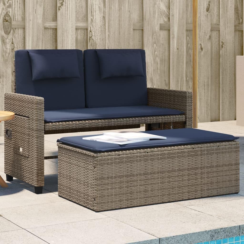 Patio Benches Reclining Patio Bench with Cushions Gray Poly Rattan,AllinOne Patio Bench with Adjustable Backrest and Foldable Side Tables for Indoor and Outdoor Use Outdoor Furniture & Accessories