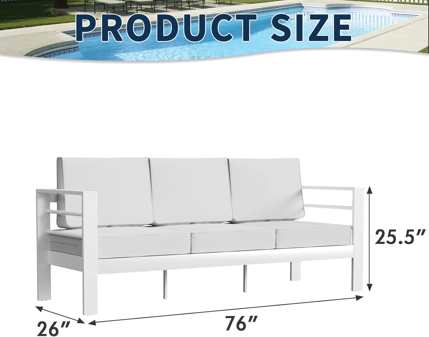 Amopatio Patio Furniture Metal Couch, 3-Seat All-Weather Modern Aluminum Outdoor Sofa Chair w/ 5 Inch Cushions, White and Light Grey (Include Waterproof Sofa Covers)