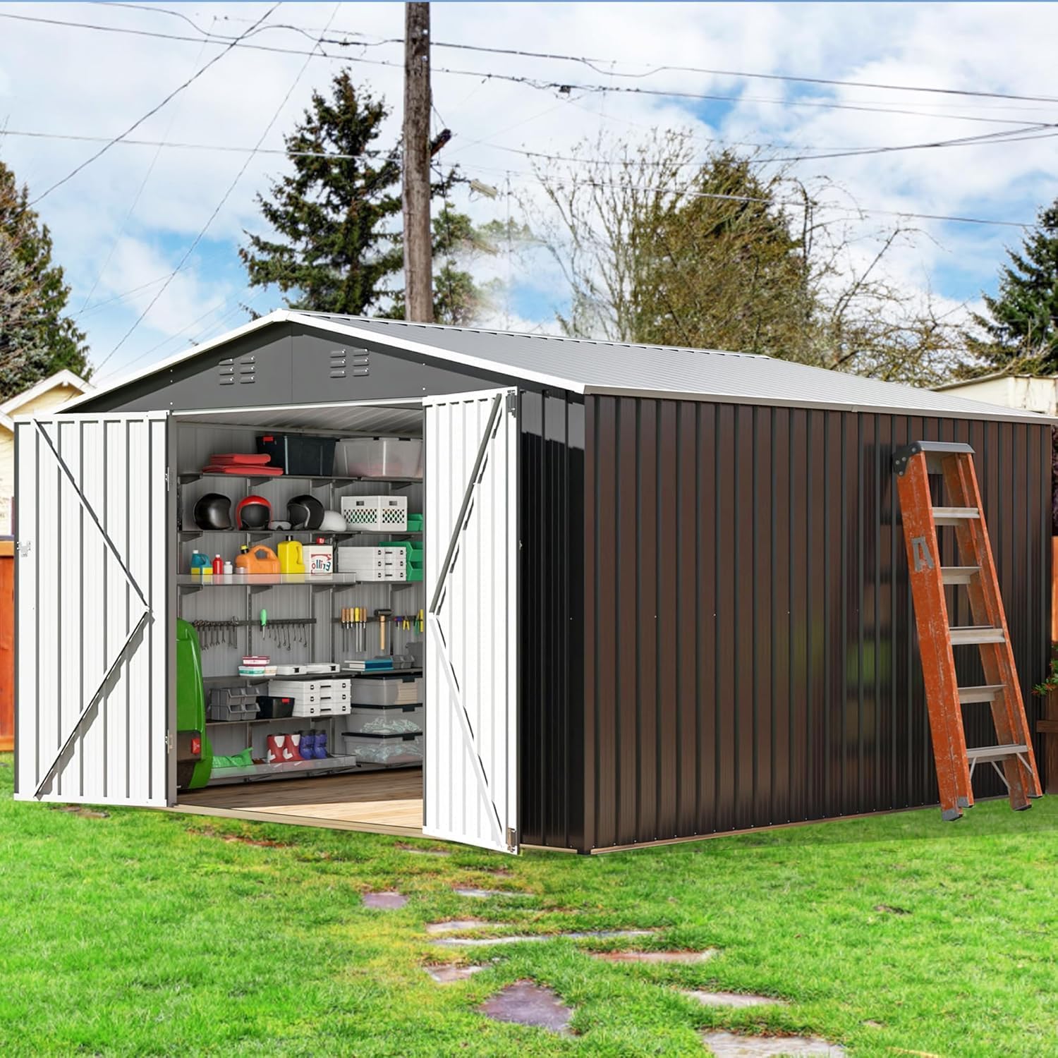 Polar Aurora 10x10 FT Outdoor Storage Shed, Metal Garden Shed with with Updated Frame Structure, Tool Sheds for Backyard Garden Patio Lawn, Black