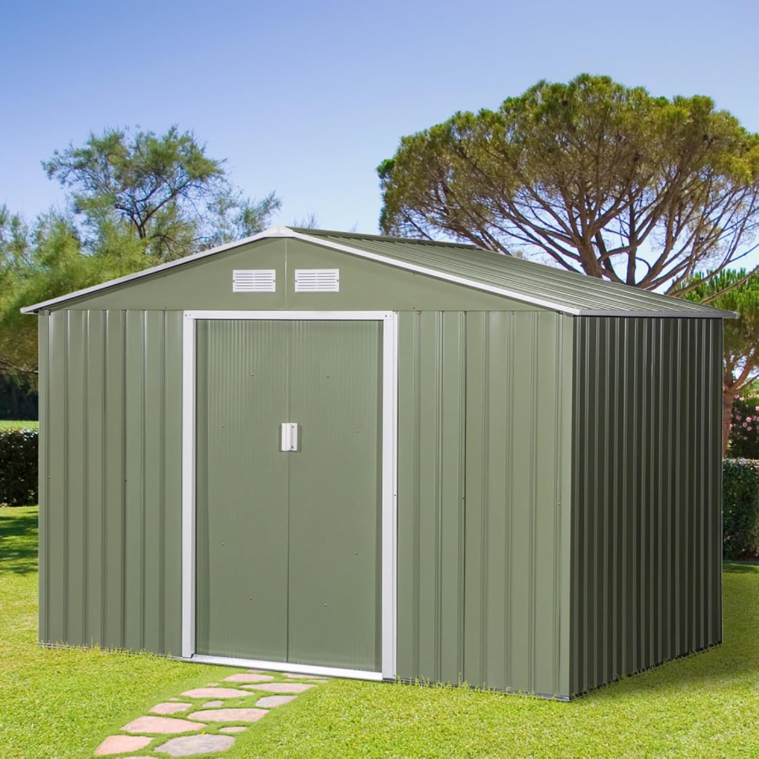 9' x 6' Outdoor Storage Shed, Garden Tool House with Foundation, 4 Vents, and 2 Easy Sliding Doors for Backyard, Patio, Garage, Lawn