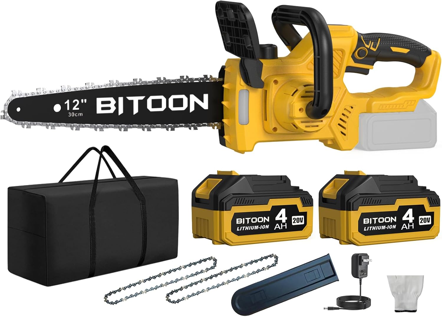 BITOON 12-Inch Chainsaw with 2PCS 4.0Ah Battery and Charger, Auto-Oiler, Brushless Cordless 12