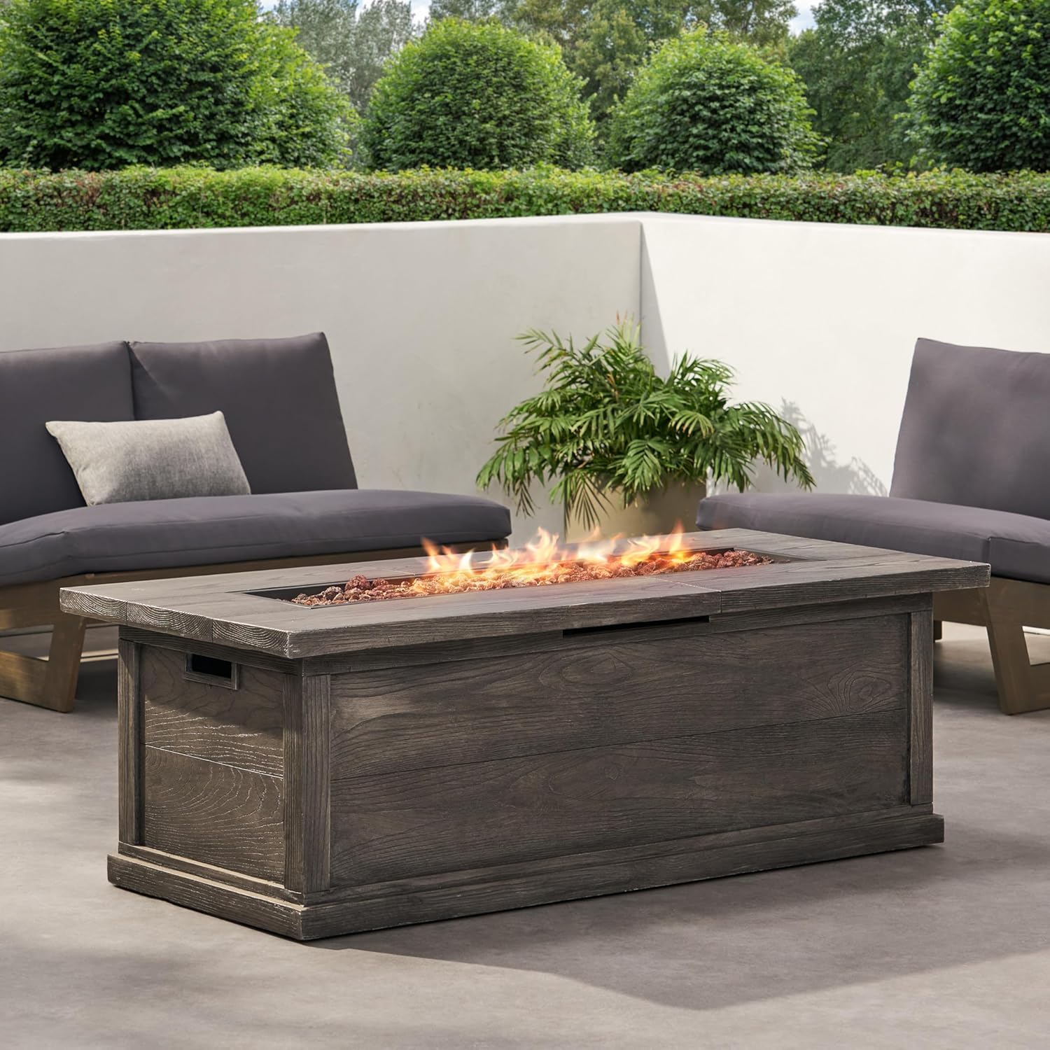 Roomfitters Outdoor Rectangular Fire Pit Table with Wood-Look Magnesium Oxide Base, 56