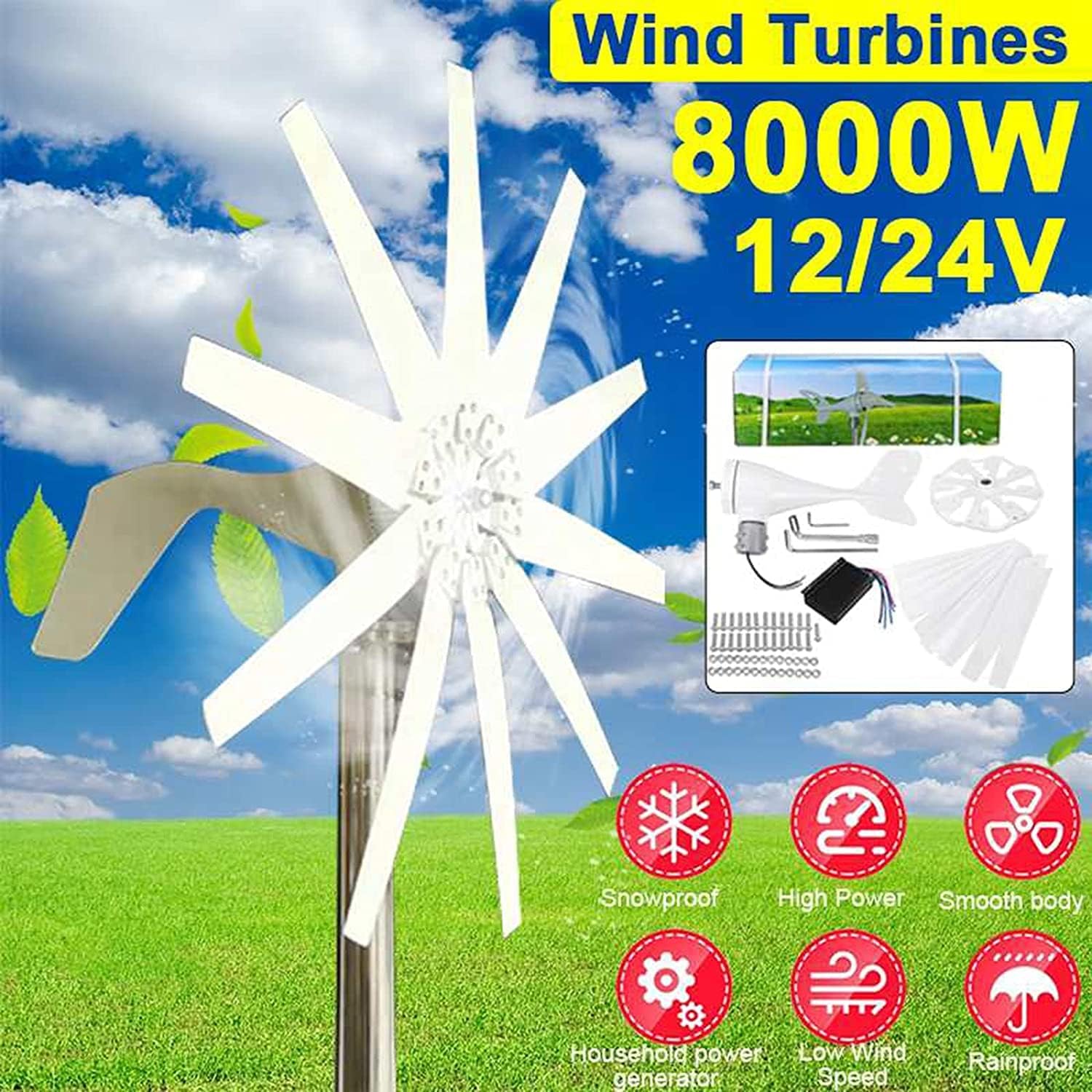8000W Wind Turbine Generator 10 Blades Free Energy Windmill 12V 24V 48V Wind Power with Controller for Home Outdoor Camping