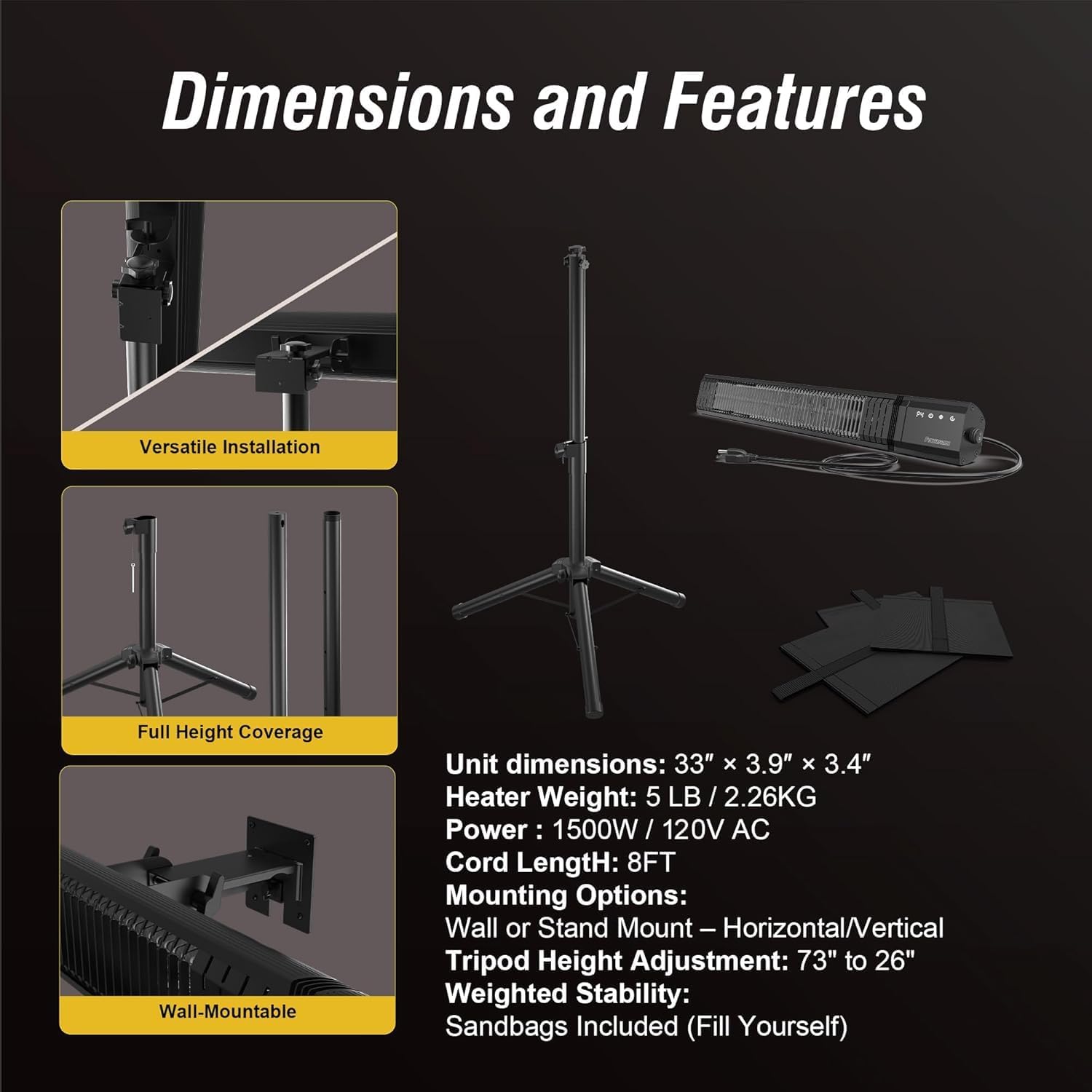PowerScale 1500W Infrared Electric Patio Heater with Tripod Stand, IP65 Rated, 4 Heat Levels & 24H Timer with Remote, For Covered Outdoor/Indoor & Spot Heating