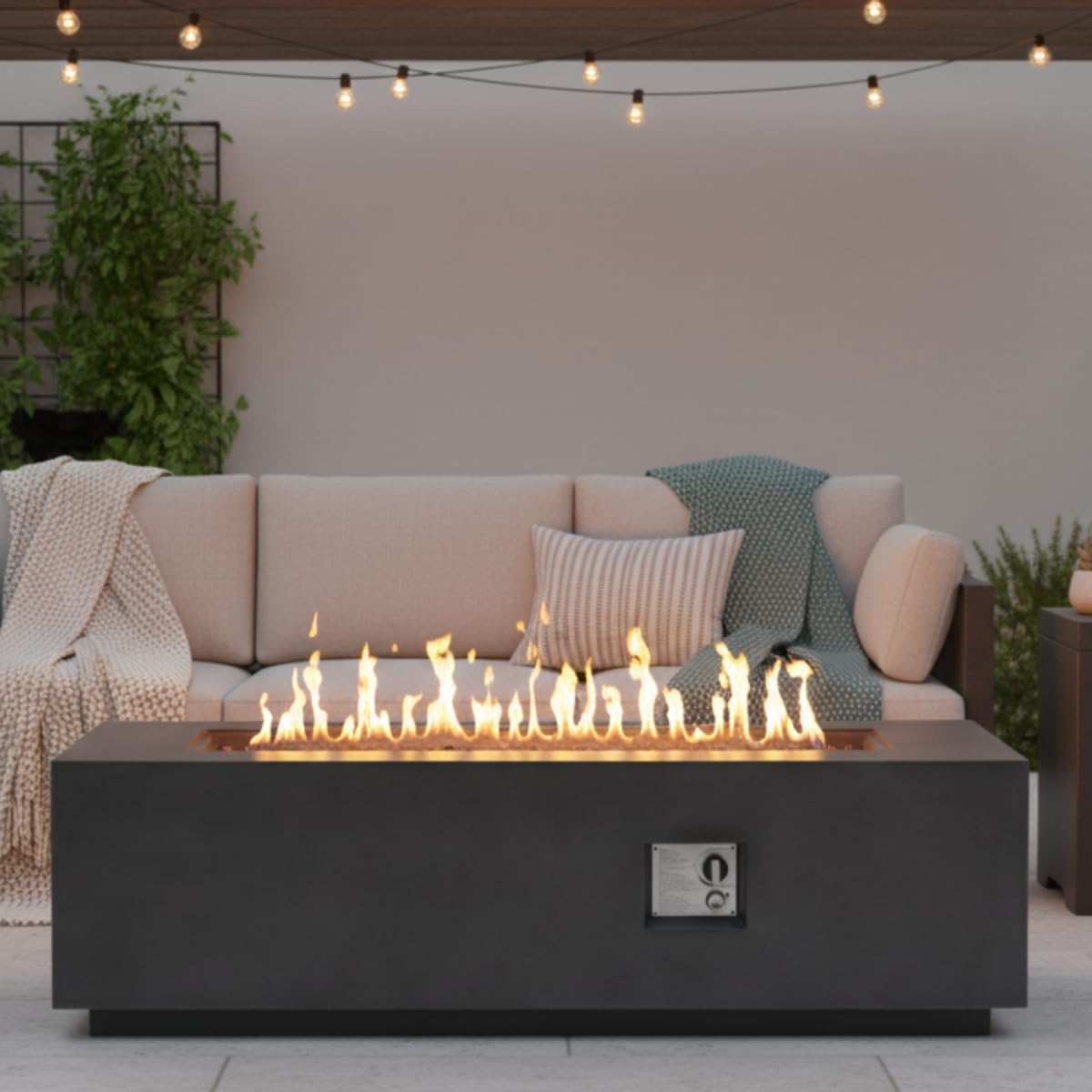 60-inch Rectangular Propane Fire Pit Table, 60,000 BTU Dark Gray Concrete Fire Table with Auto-Ignition, Waterproof Cover & Lava Rocks, Outdoor Patio Heater for Garden, Deck