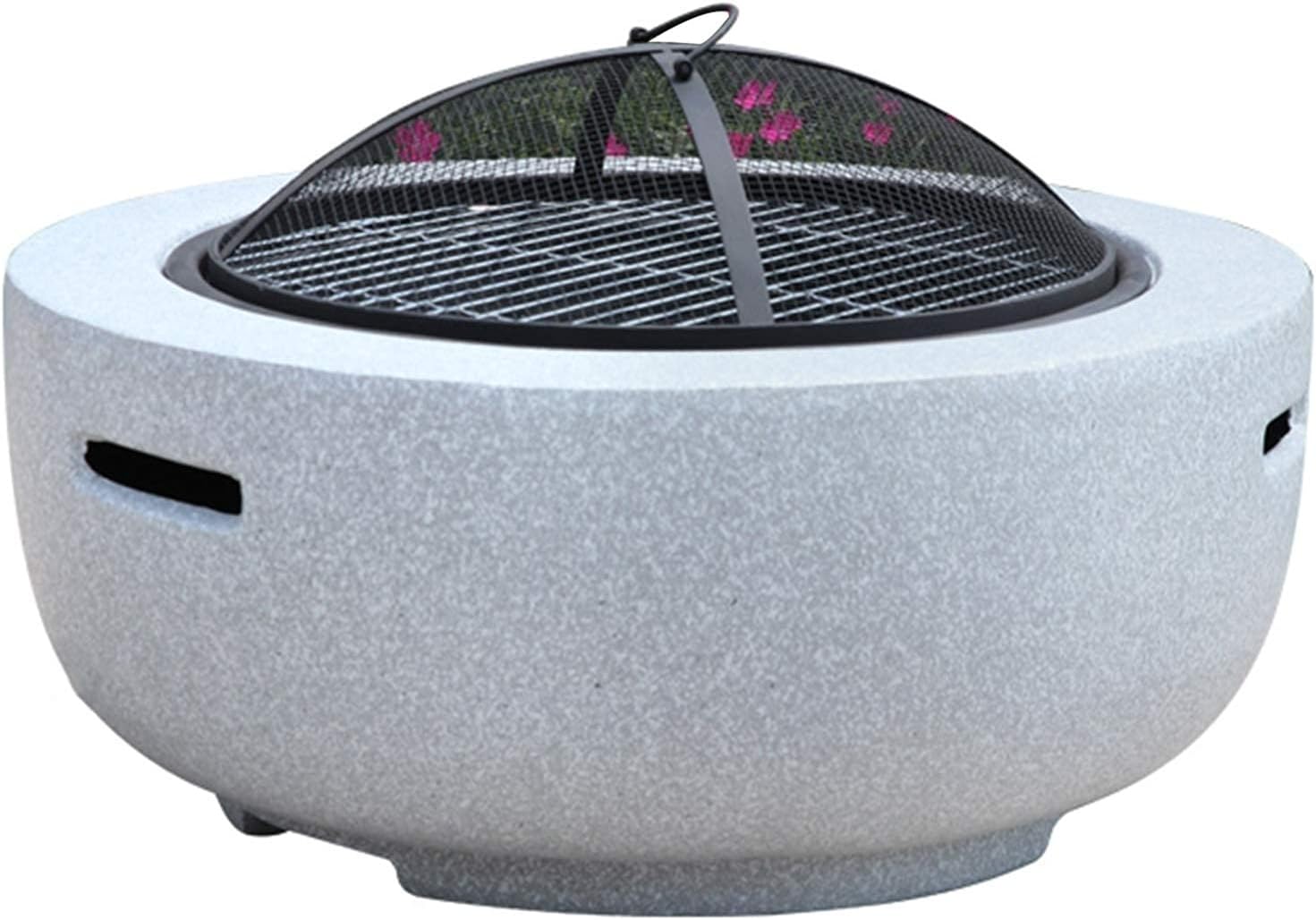 Outdoor Fire Pit Garden Terrace Imitation Stone BBQ Table, Outdoor Wood Burning Fire Bowl with Spark Screen and Poker