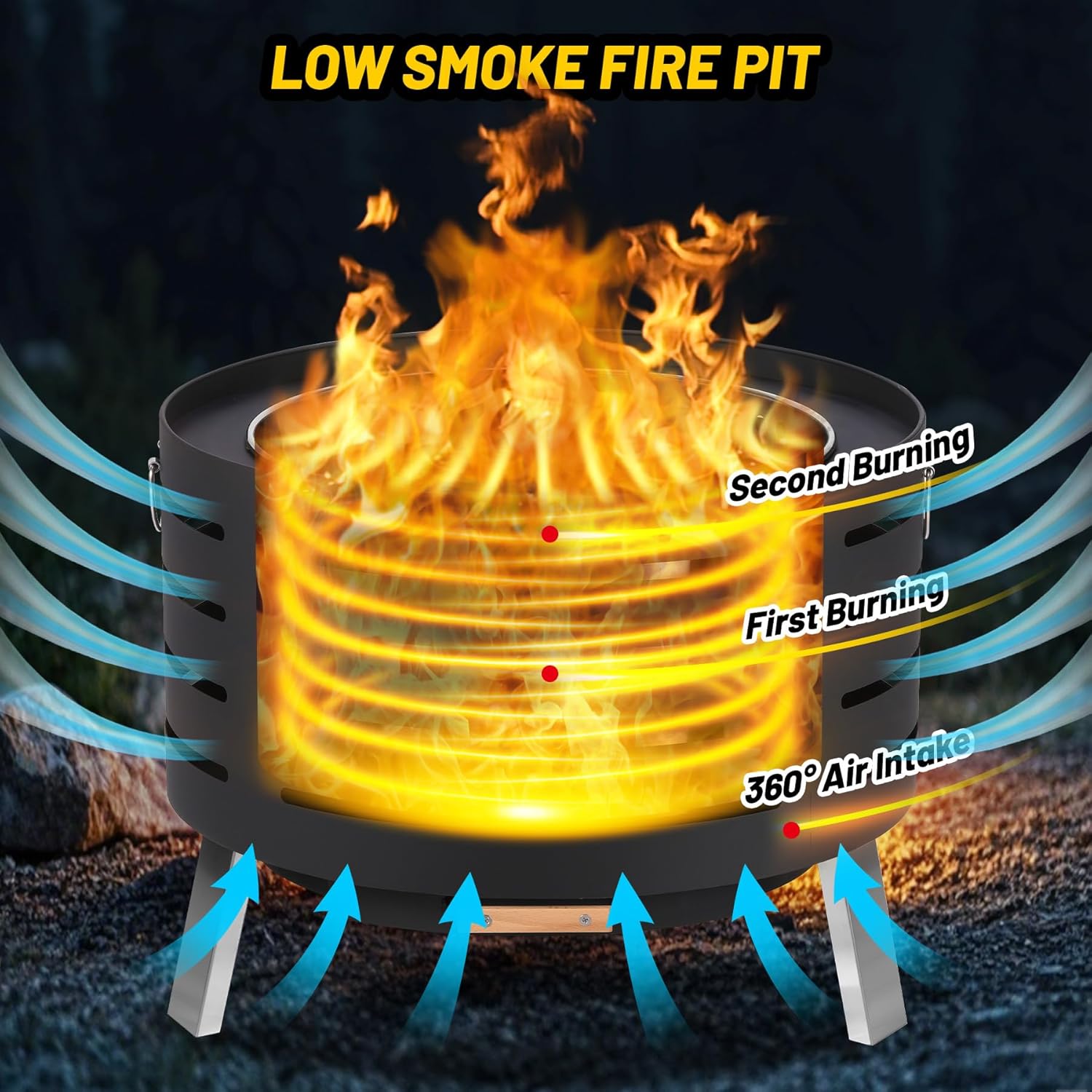 30 inch Smokeless Fire Pit Outdoor - Outside Wood Burning with 360° Airflow, Removable Ash Pan & Bamboo Lid Rainproof Cloth - Low Smoke Backyard Fire Pit for Patio, Camping, Bonfire